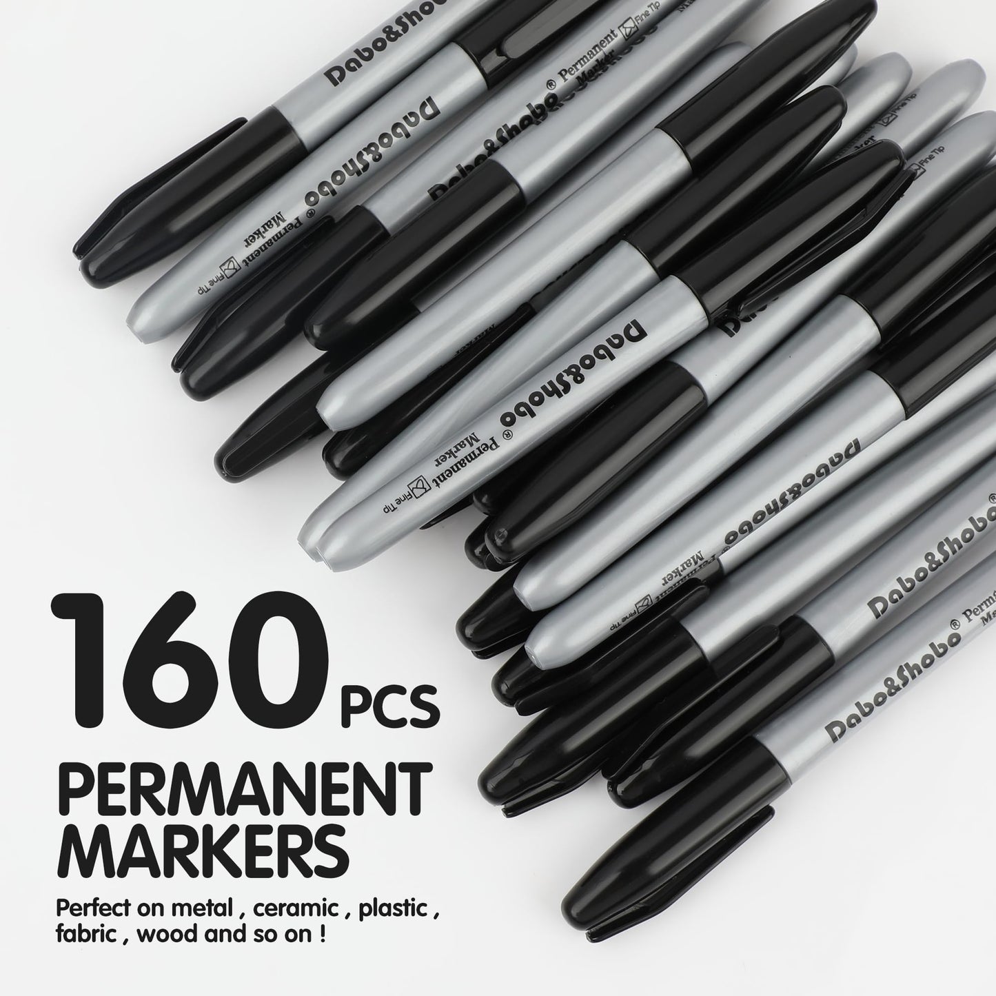Dabo&Shobo Permanent Markers, 160 Pack Black Permanent Markers Bulk, Fine Tip, Quick Drying, Waterproof Markers, Work On Wood, Metal, Plastic, Stone, Glass For Office School Home