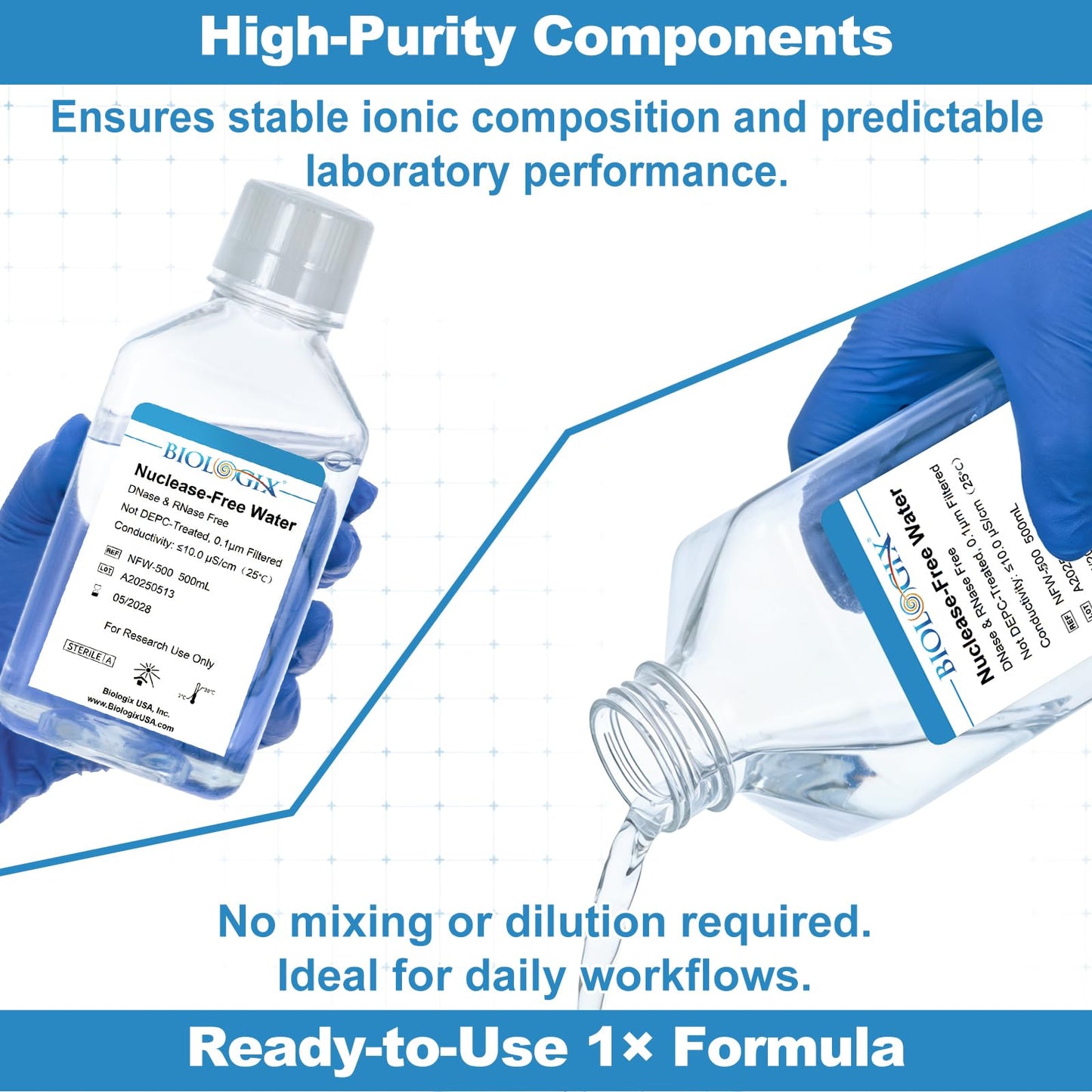 CryoKing Ultra Pure Water, 500mL Nuclease Free Water, DNase/RNase Free, Protease, Endotoxins (Pyrogen) Free, PCR/RT-PCR Certified, for Molecular Biology, PCR, Cell Rinse, for Laboratory Use Only
