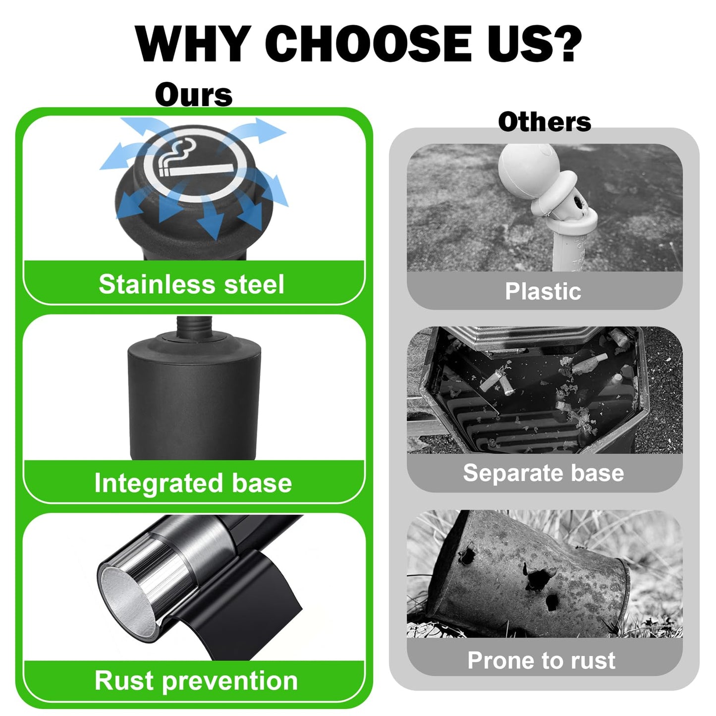 Cigarette Butt Disposal Outdoor, Standing Ashtrays for Outside Patio Stainless Steel Outdoor Ashtray Cigarette Butt Container, 7" Diameter x 46" H