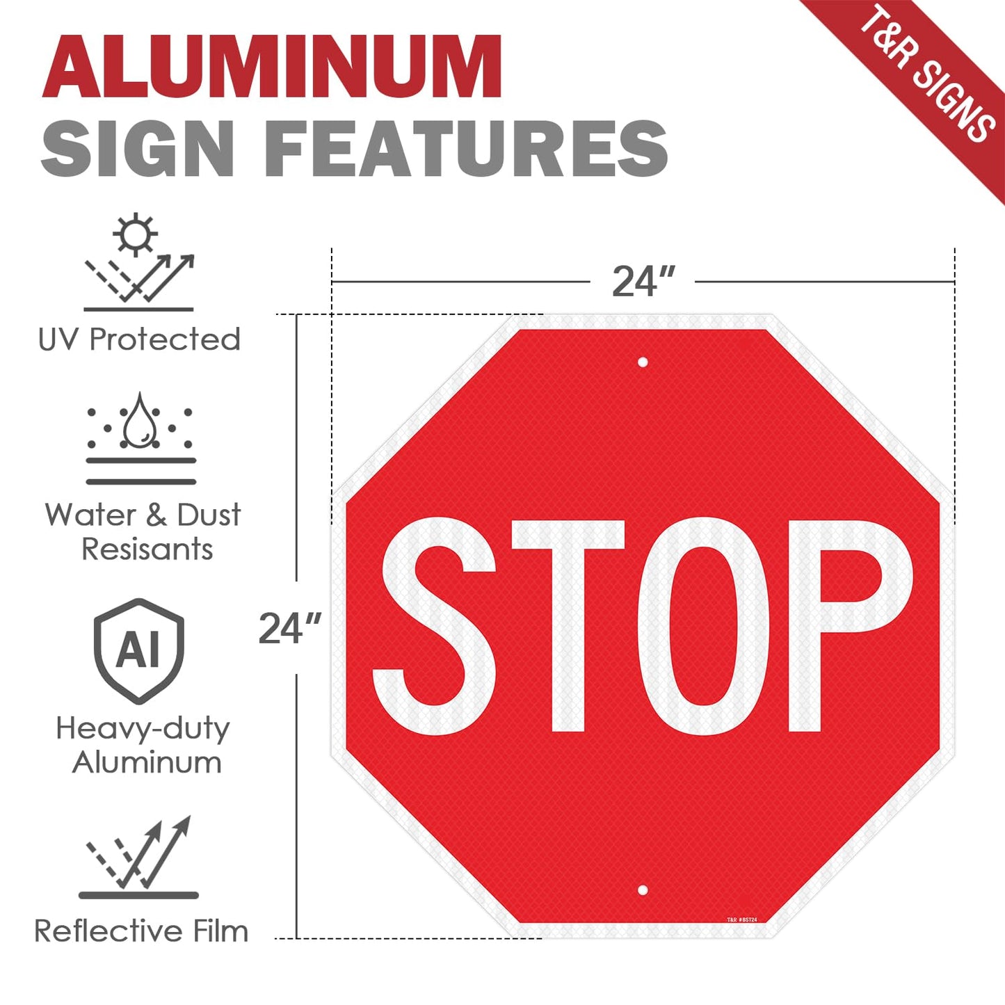 T&R (2 Pack) Large Stop Sign Street Road Sign 24 x 24 Inches. Engineer Grade Reflective Sheeting, Rust Free Aluminum, Weather Resistant, Waterproof, Fade Resistant, 2 Pre-drilled Holes