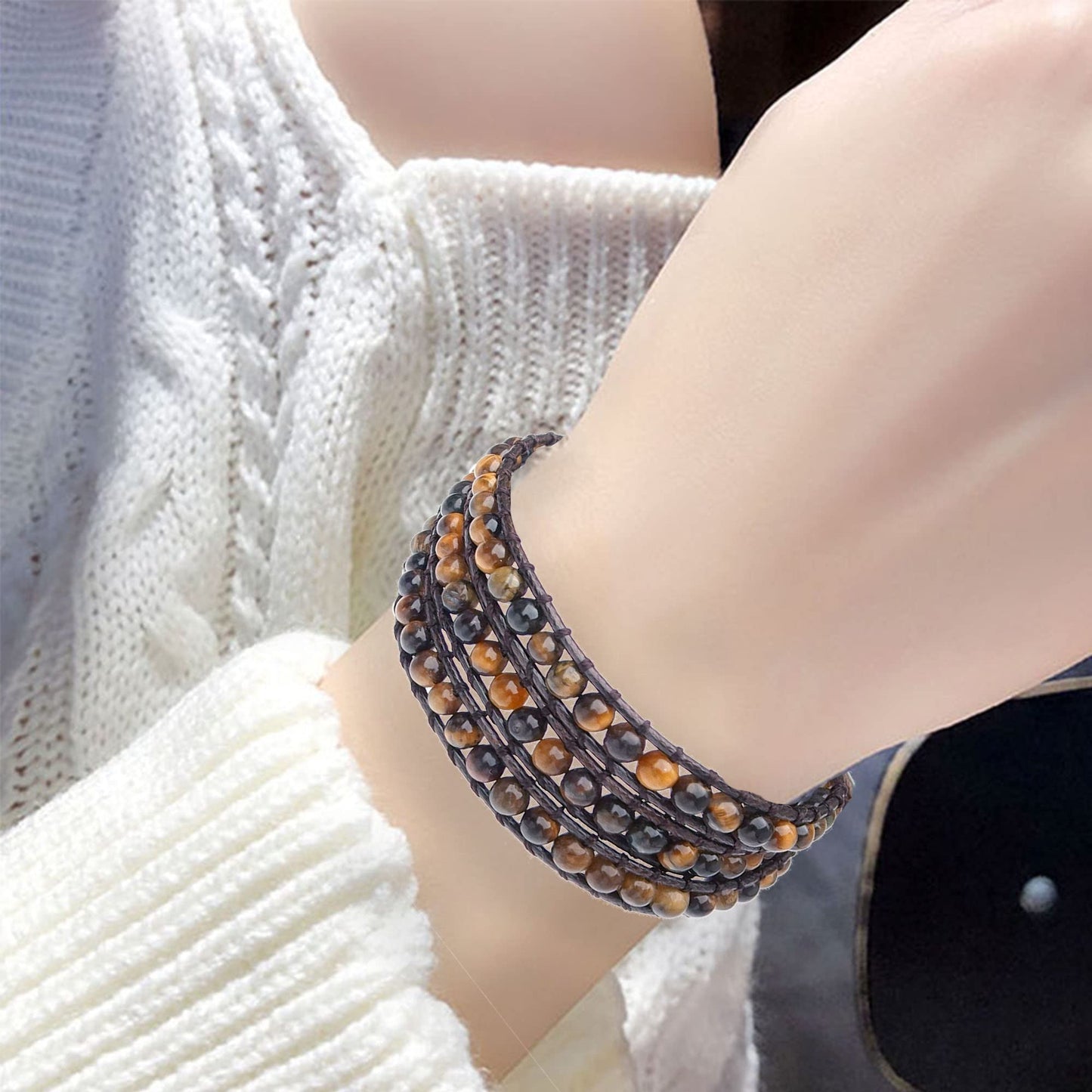 Ayriwoyi Tigers eye Bracelet Wrap Bracelets for Women Beaded Wrap Bracelet Crystal Healing Natural Stone Bracelet Adjustable