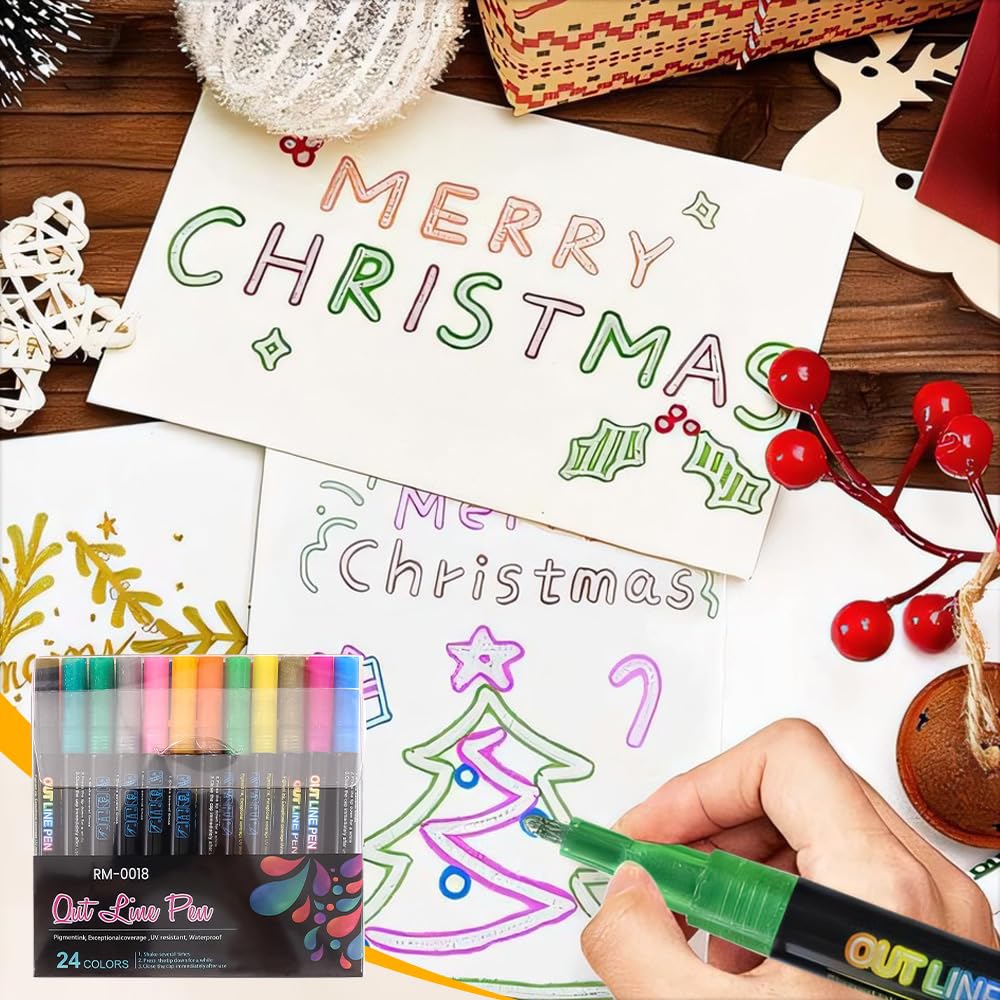 Marker Pen for Highlight, Outline Shimmer Markers Double Line Self-Outline Metallic Glitter Pens Super Squiggles Glitter Marker Set for Card Scrapbook Craft Arts Supplies(12)
