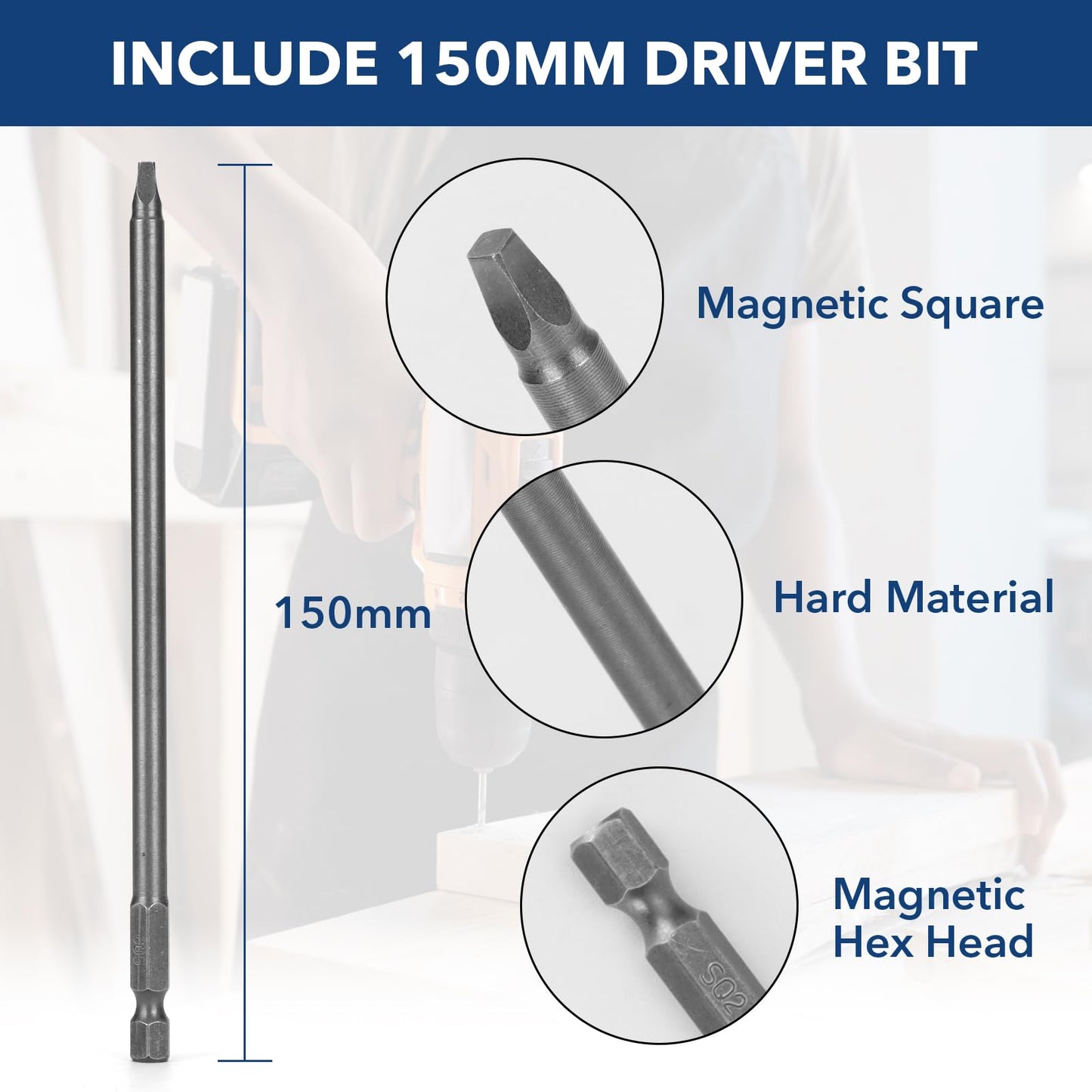 Bobibbi Pocket Hole Screws #8x2-1/2 Zinc, Coarse Thread Wood Screws, Washer Head with Square Drive 300Pcs, 150MM Drive Bit Included
