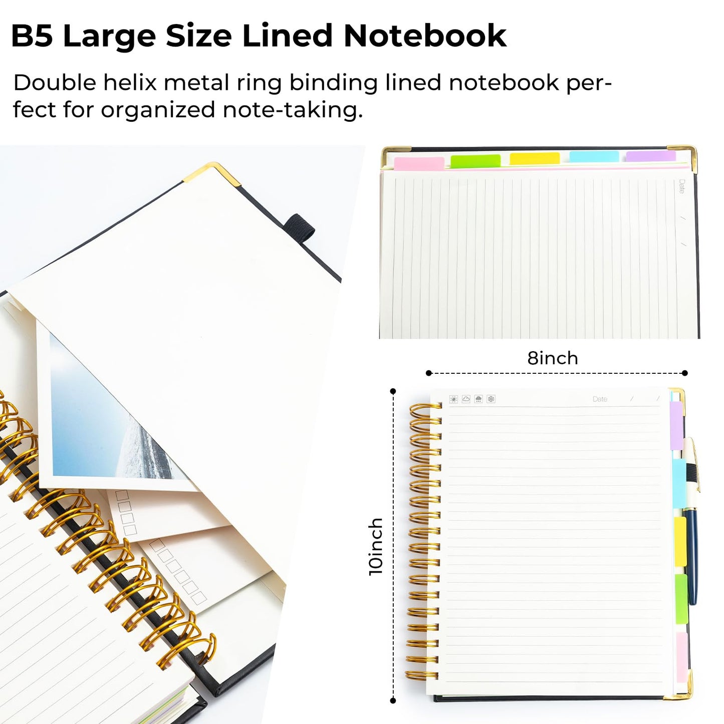 M&G Hardcover Spiral Notebook, 5 Subject Noteboook College Ruled 300 Page, Large 8"x10" B5 Notebooks for Work School, Lined Journal for Women & Men, Black