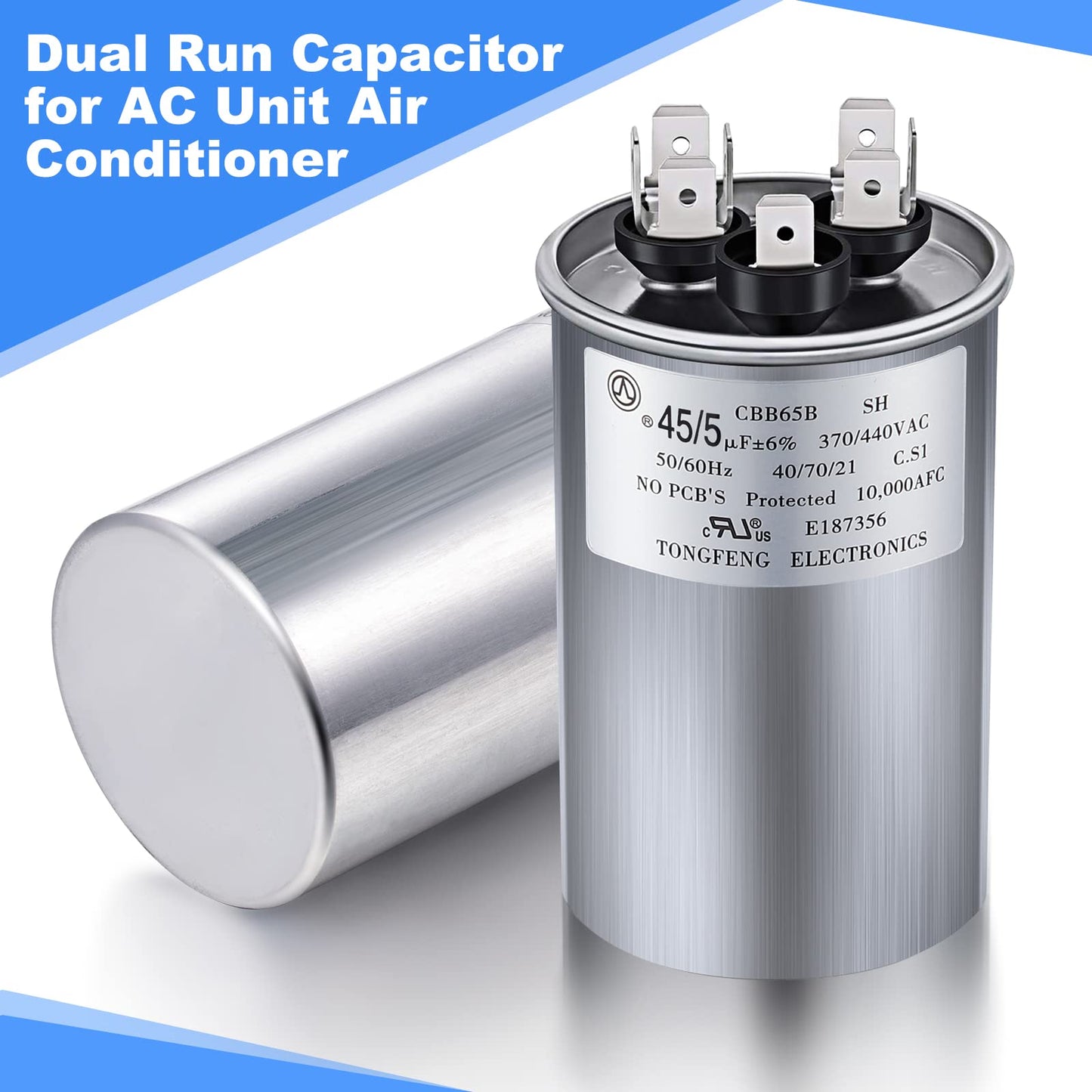 Frienda 2 Pcs 45+5 MFD 45/5 uf ±6% 370V or 440V VAC Dual Run Round Capacitor, 45 5 Start Capacitor for AC Air Conditioning Unit, Condenser Straight Cool or Heat Pump