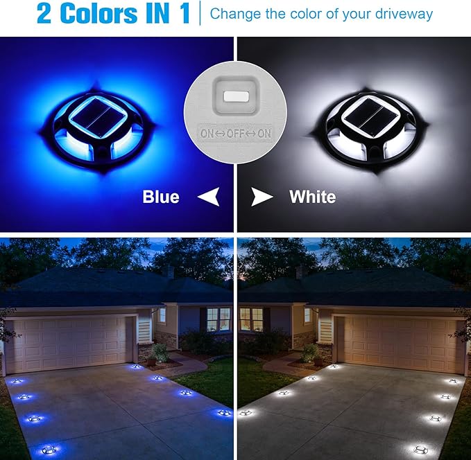 VOLISUN Solar Driveway Lights Dock Marine Lights 16 Pack,2 Colors in 1,Outdoor LED Deck Light,Solar Powered Waterproof Warning Step Light for Driveway Sidewalk Pathway (Blue/White),Saltwater Resistant
