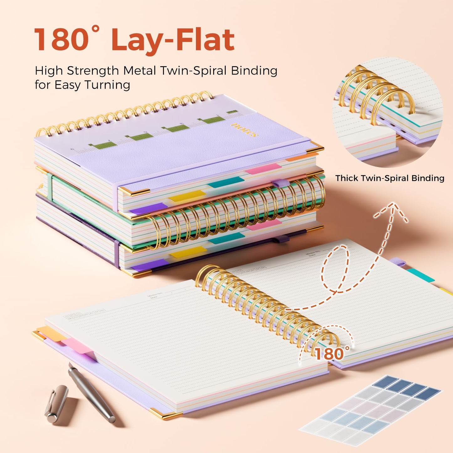 XYark Line Hardcover Spiral Notebook with Removable Dividers Tabs & Ruler, 5 Subject Notebook College Ruled, 300 Page, Large 8"x10" B5 Notebooks for Work School, Lined Journal for Women & Men, Light Purple