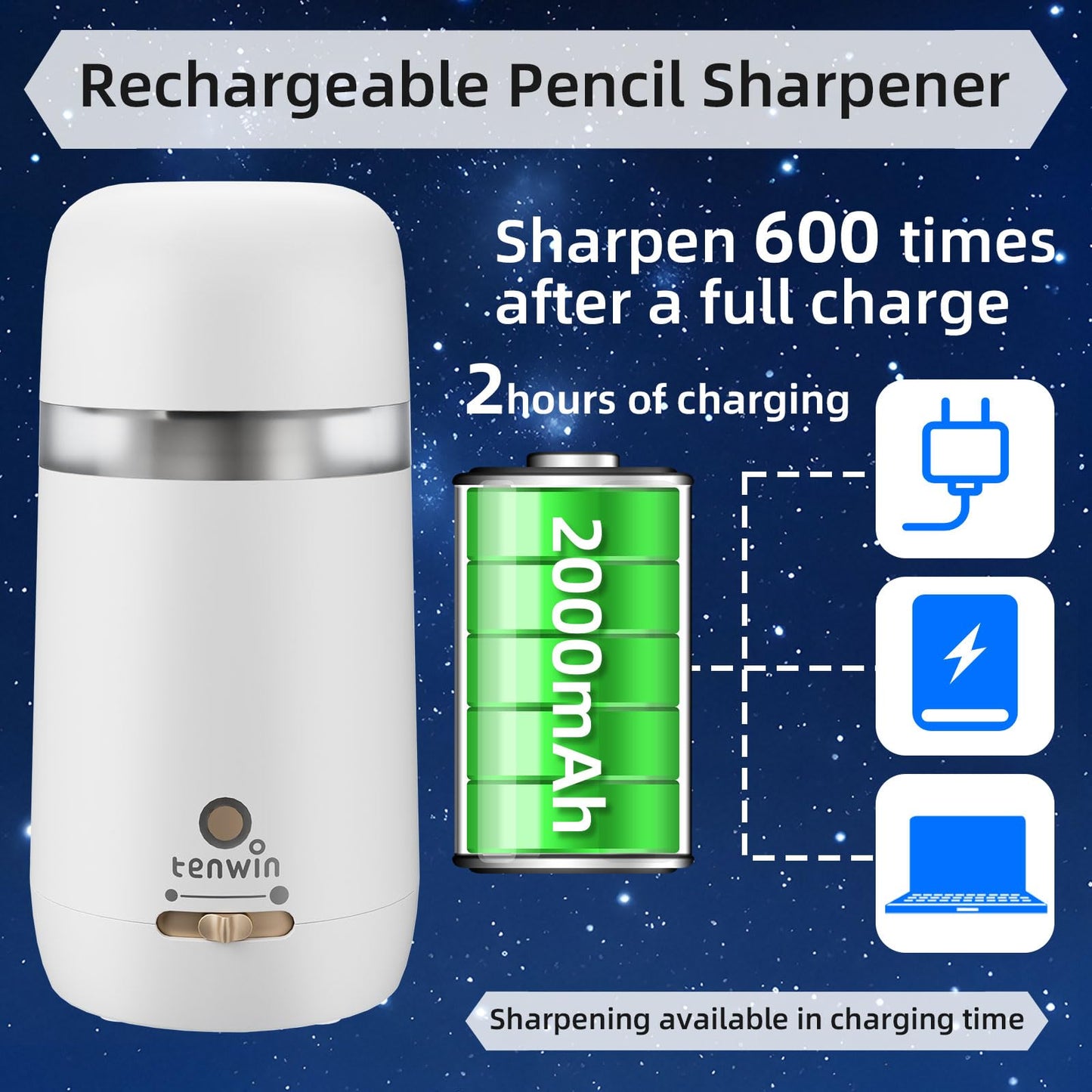 tenwin Fully Automatic Electric Pencil Sharpener for 7-12mm Pencils, Auto in&Eject, 3 Selectable Adjustable Pencil Nibs with Breathing Light (White)