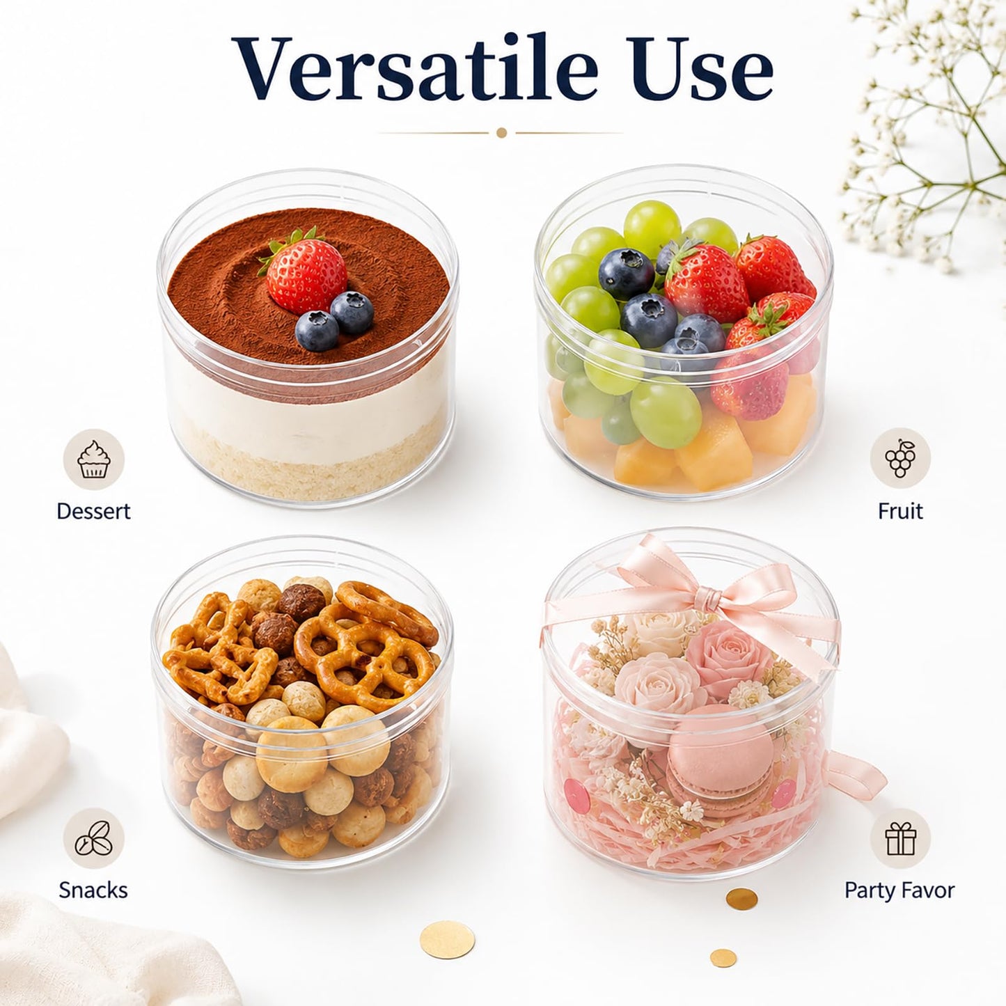 Plastic Dessert Cups with Lids and Sporks,Stickers,Tiramisu Containers,Cookie Containers,Clear Food Containers for Fruit,Pudding,Mousse, Tiramisu Cups With Lids (30pcs,Clear,3.66 * 3.66 * 2.36 in)
