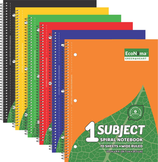 ECONAMA Subject Book Spiral Notebook Pack of 6 Wide Ruled 140 Pages (70 Sheets) 8" × 10.5" Perforated Carbon Neutral 3-Hole Punched Eco-Friendly School & Office Supply Assorted Colors
