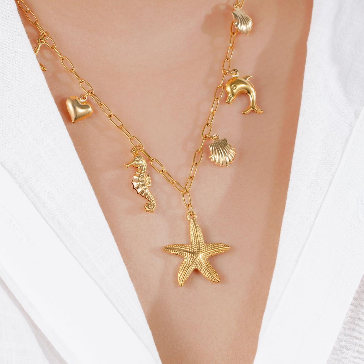 Chunky Gold Necklace Statement Boho Beach Ocean Summer Stainless Steel Jewelry Shell Starfish Turquoise Dolphin Pearl Sun Flower Wave Heart Fish Charm Choker Necklaces for Women(Gold)