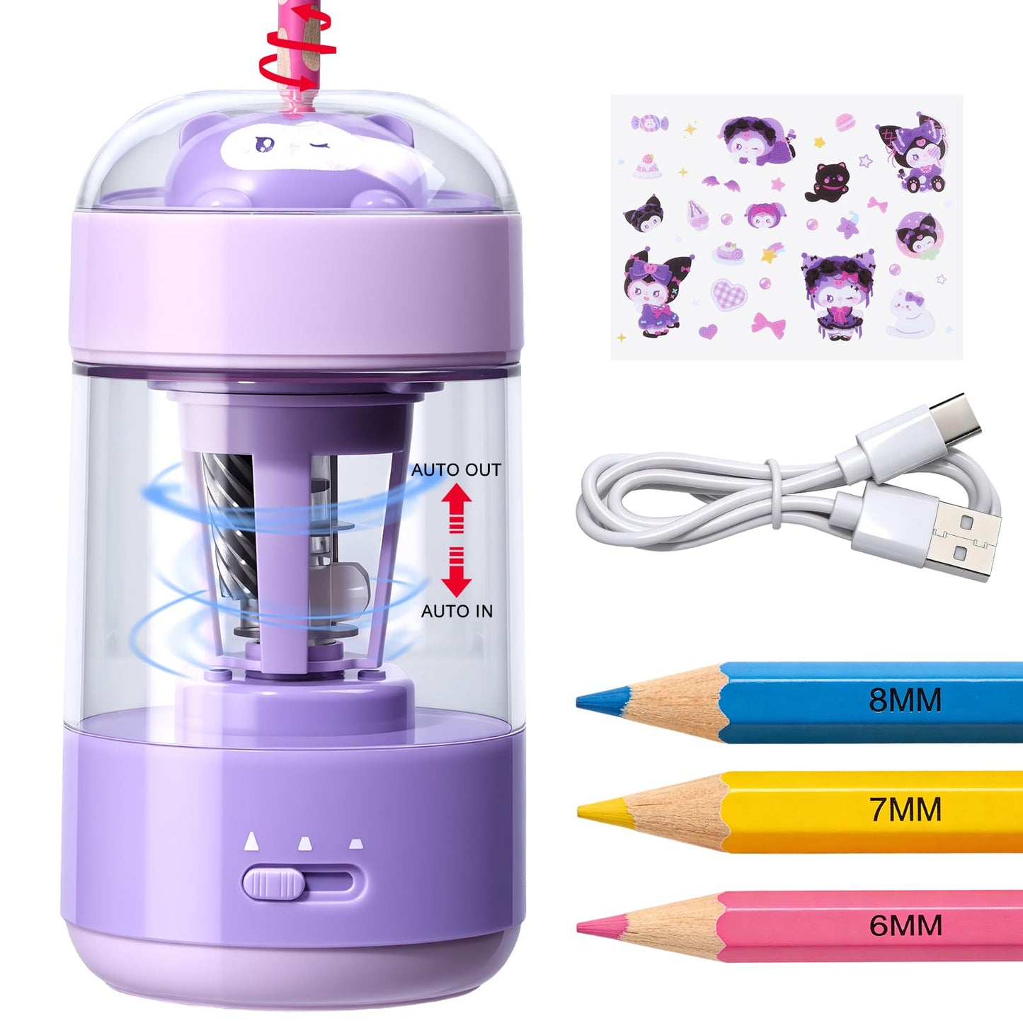 Rechargeable Automatic Electric Pencil Sharpener, Auto in & Out 3 Adjustable Thickness, Type-C Charging, Cute DIY Stickers, for 6-8mm Pencils, 3s Fast Sharpening, Ideal for School & Home (Purple)