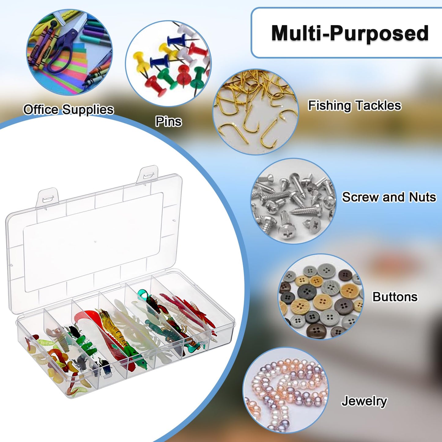 JUXYES 2Pack Plastic Small Fishing Tackle Box Organizer with 6 Compartments, Clear Mini Fishing Tackle Storage Boxes with Dividers, Transparent Fish Pocket Tackle Storage Box Lure Box