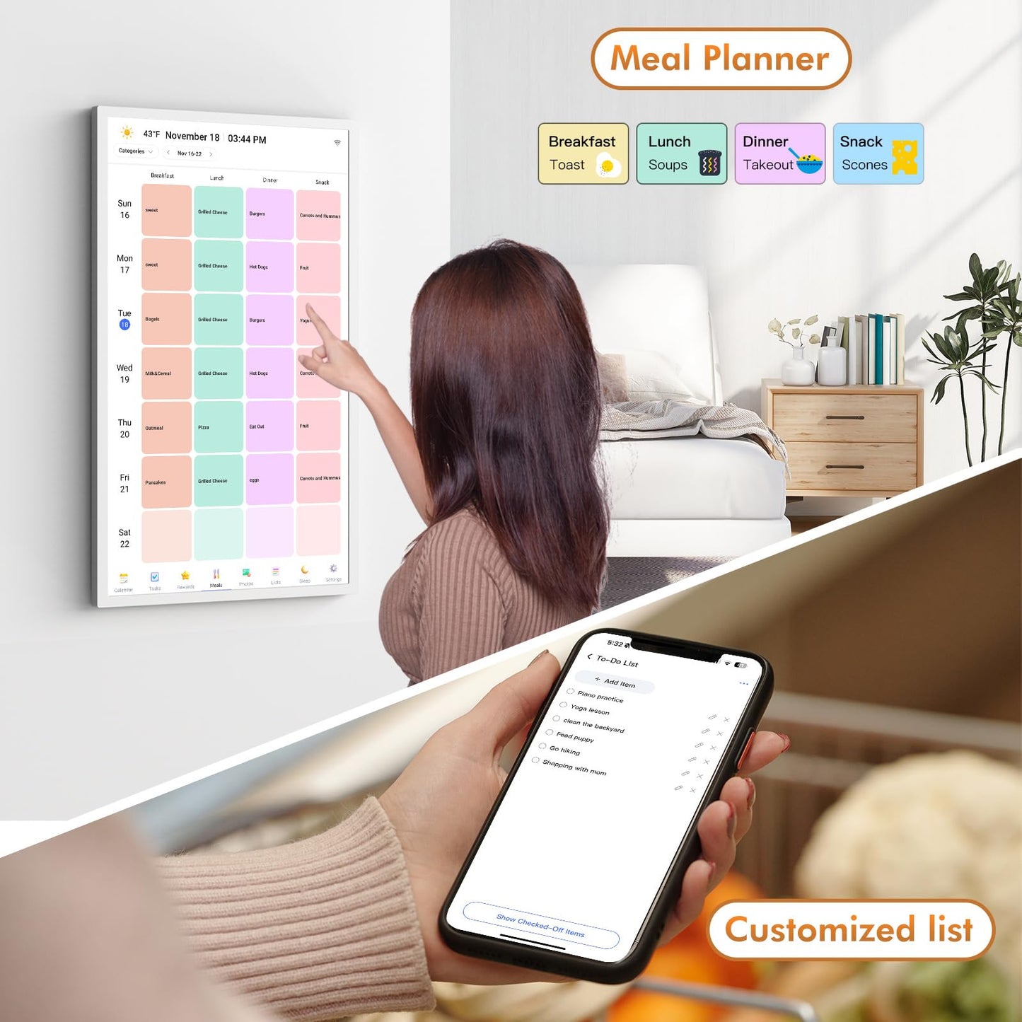27" Digital Calendar Picture-Frame for-Wall-Planner – Touchscreen Smart Electronic Calendar for Family Meal Schedules, Sync Online Calendars, Chore Charts, Star Reward, Wall Mounted, Gift for Mom Dad