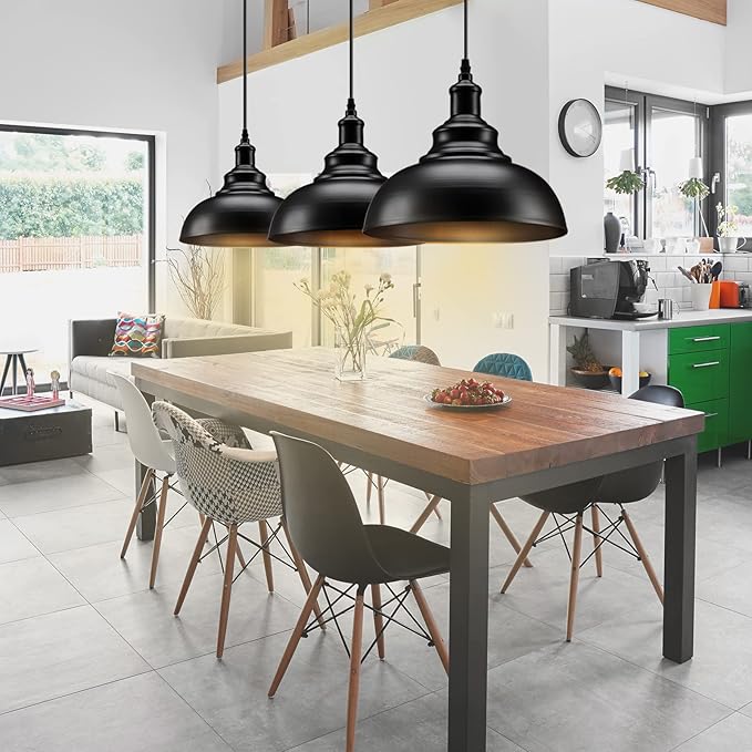 Asnxcju Matte Black Pendant Light, Industrial Farmhouse Pendant Light Vintage Hanging Ceiling Lamp Fixtures for Kitchen Island, Barn, Dining Room 2 Pack