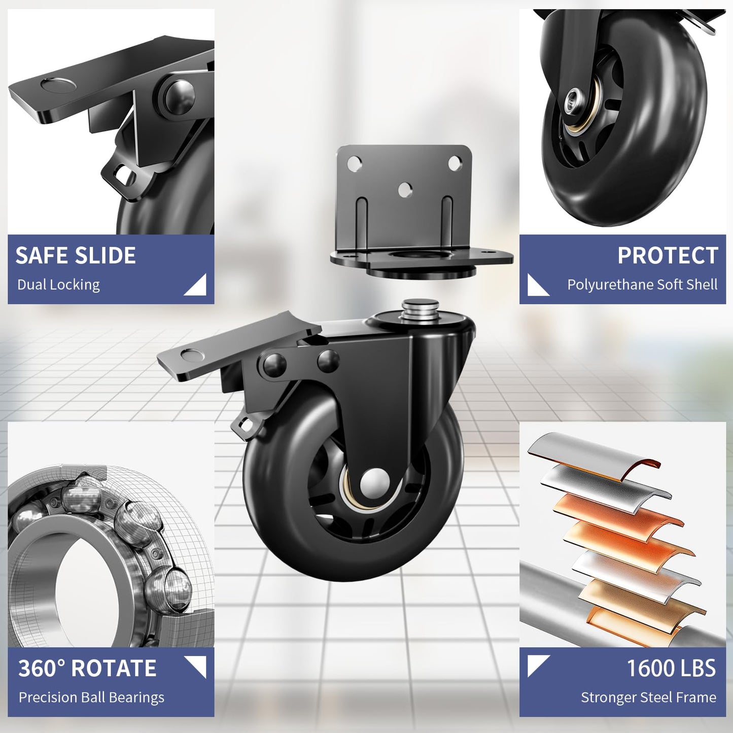 Side Mount Plate Caster Wheels - Thickened L-Shaped Mounting ，Heavy Duty 1600 LBS，Set of 4 with Brake，360° Swivel，Locking，Castor Wheels for Furniture，Carts，Cabinet，Table (Black, 4inchs)