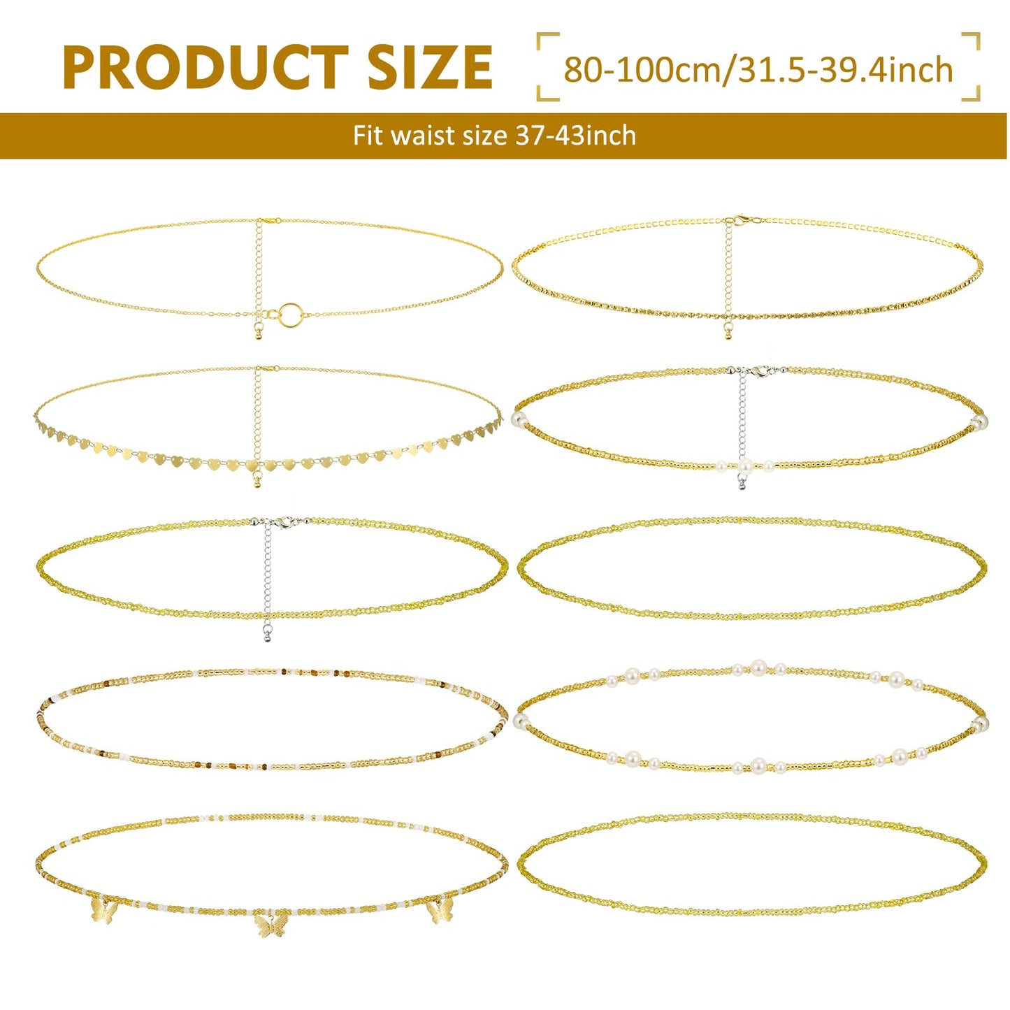 Lenwen 10 Pcs Summer Beach Belly Chain Adjustable Waist Multi Layered Chain Waist Jewelry for Women Girls Multilayer Body(Cute Style,Gold)