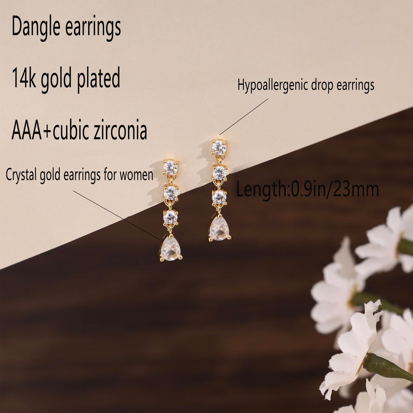 Long Dangle Earrings for Women,14k Gold Plated Crystal Drop Earrings Dainty Wedding Gold Earrings for Women Trendy Cute Bridal Dangling Earrings Cute Jewelry