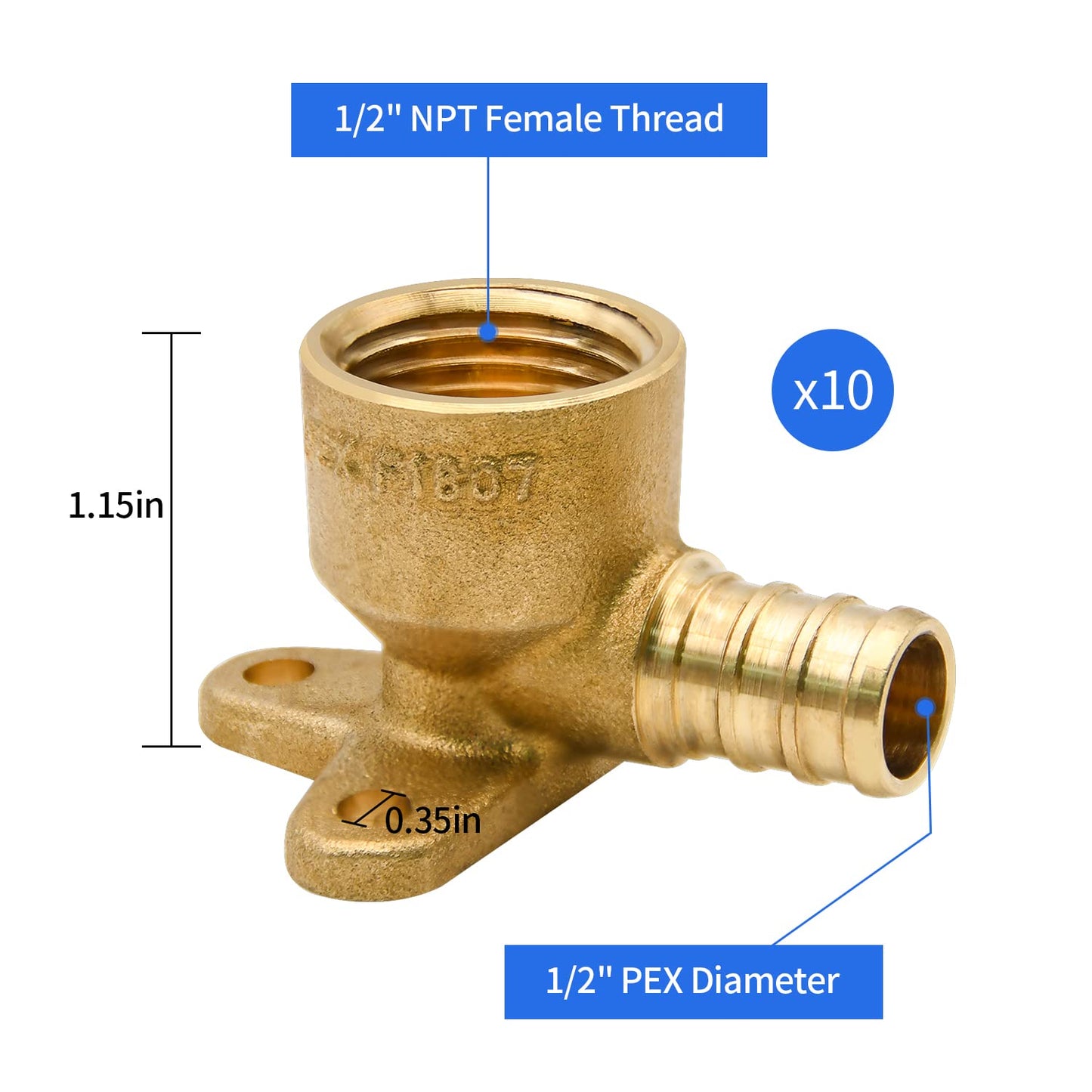 10 Pack Drop Ear Elbow Fittings, PEX 1/2" x 1/2" NPT Female Threaded Adapter Crimp Fitting, Brass, Full Port for PEX pipes in plumbing jobs