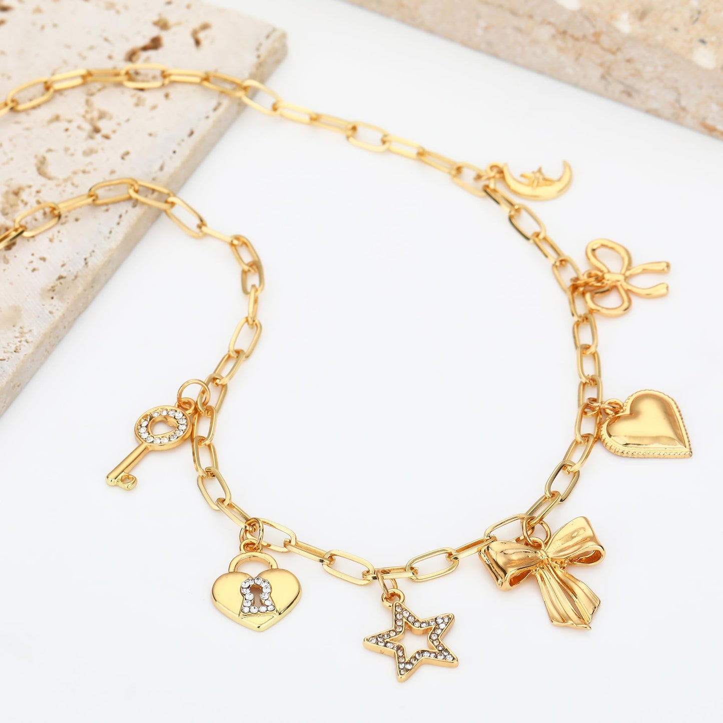 BONJOULRY Charm Necklace for Women Gold Cute Key Lock Bow Ribbon Knot Heart Star Moon Pendant Necklace Dainty Paperclip Chain Charms Choker Necklace Y2K Preppy Christmas Jewelry Bowknot