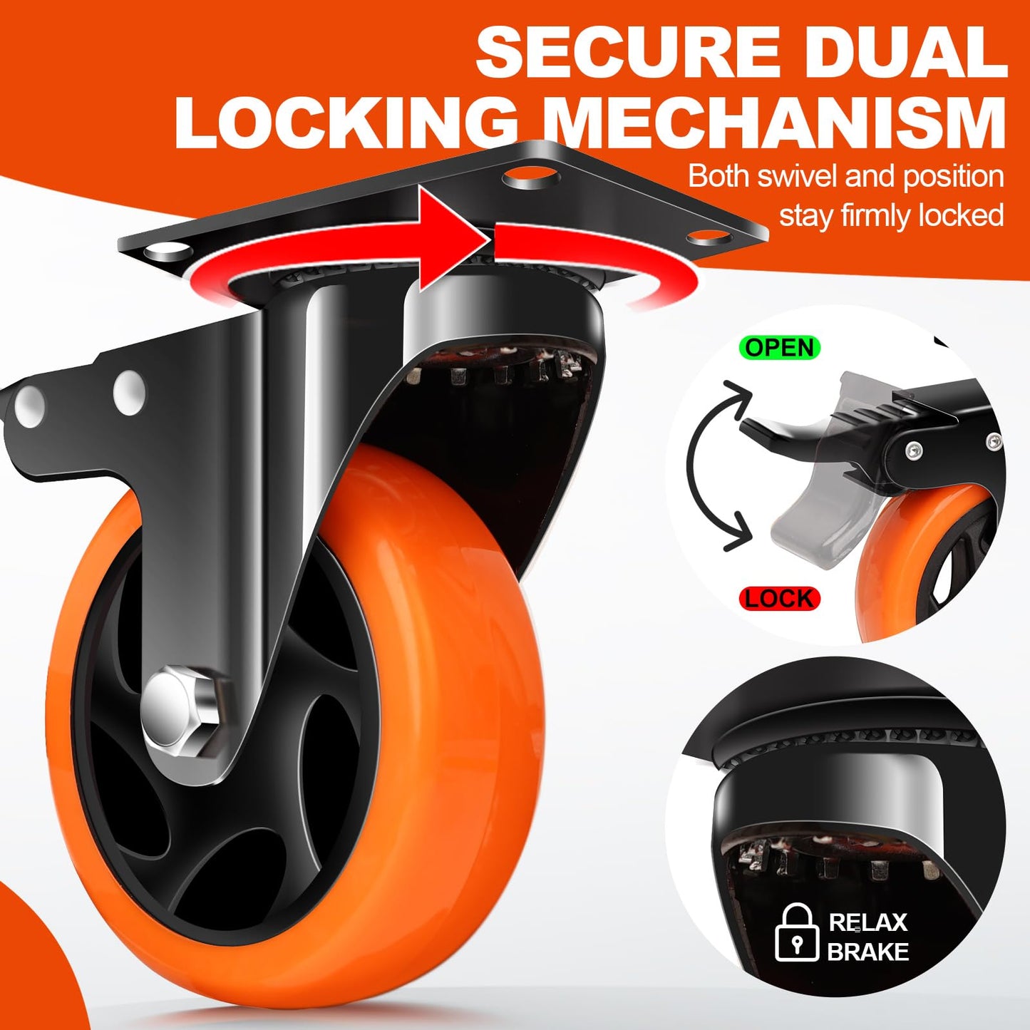 5 Inch Orange Heavy Duty Locking Caster Wheels Set of 4 – 2600LBS Total Capacity, PU Industrial Casters with Dual Brake for Workbench, Machinery & Warehouse Carts – Heavy Duty Industrial Use Only