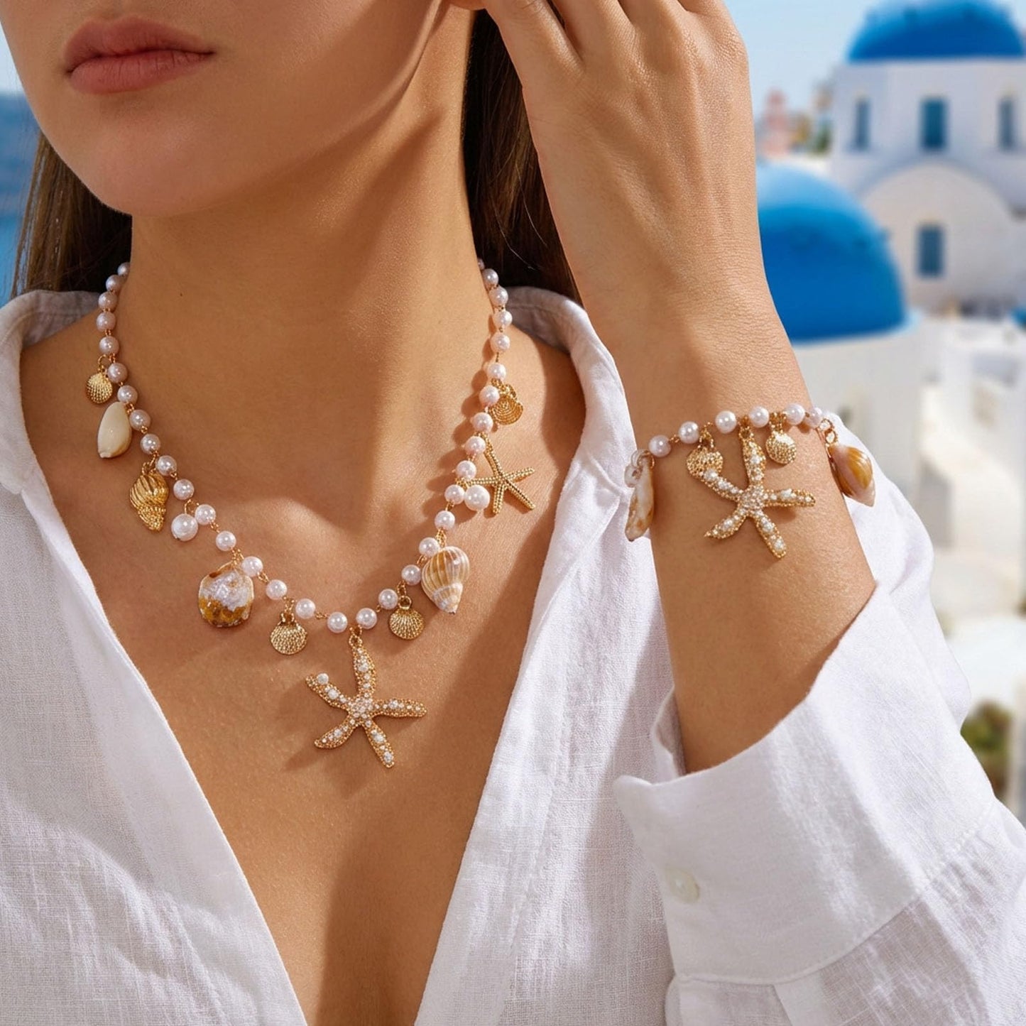Gold Starfish Shell Necklace for Women Boho Layered Seashell Conch Shell Pearl Pendant Necklaces Set Bohemain Starfish Beach Necklaces Stack Beachy Summer Jewelry Outfits Accessories