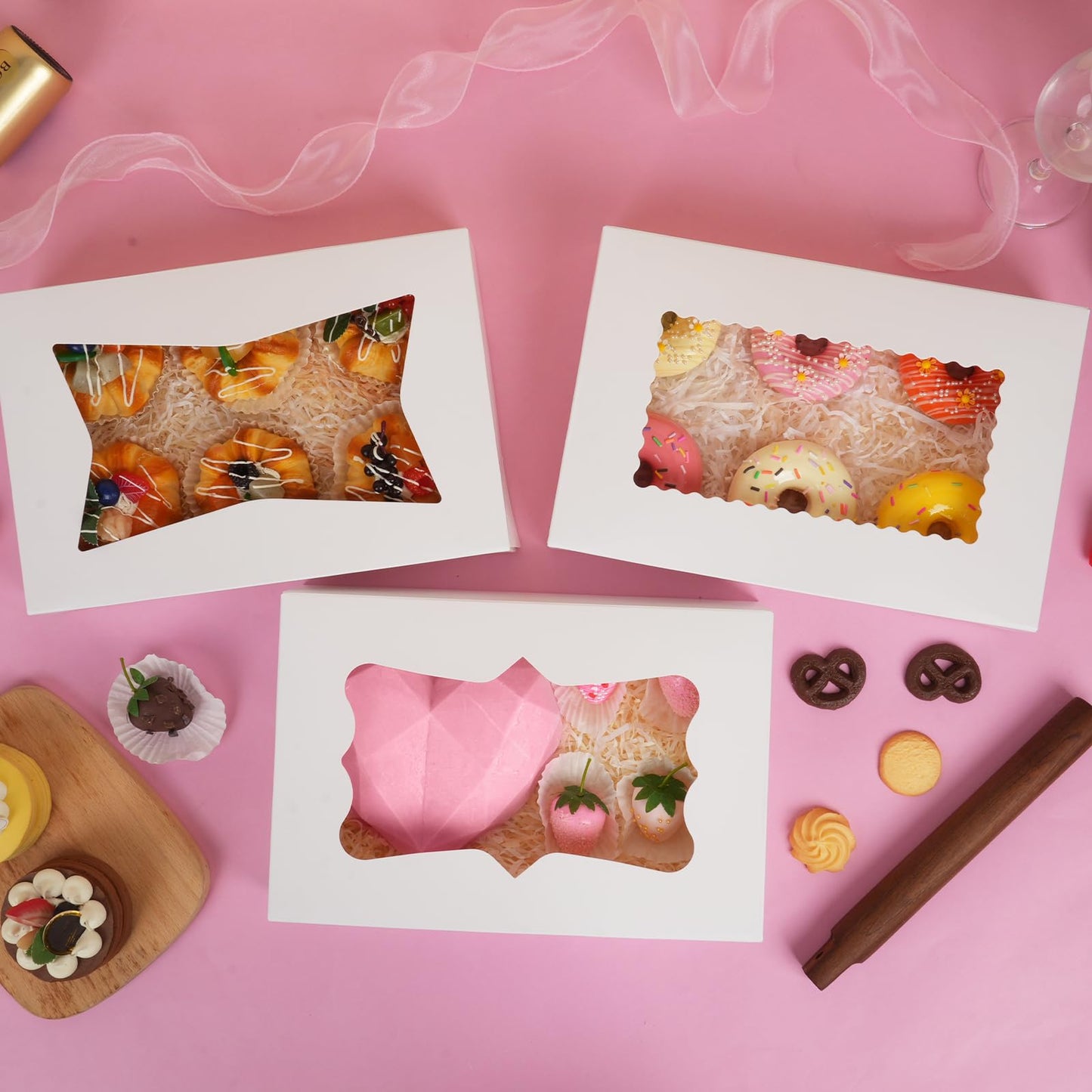 Moretoes 30pcs Auto-Popup Cookie Boxes, 12x8x2.5 Inches Bakery Boxes with 3 Style Windows for Chocolate Covered Strawberries, Donuts, Pastries,Cake Pops