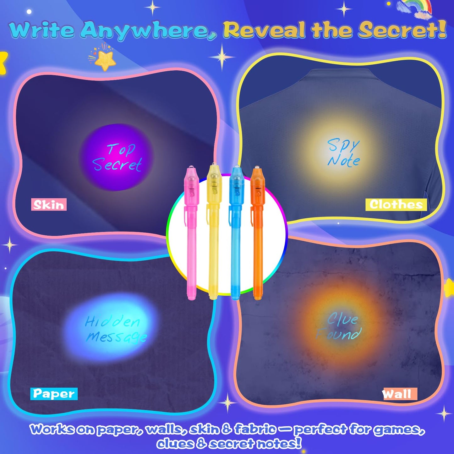 QANIY 48PCS Invisible Ink Pen with UV Black Light Party Favor for Kids, Magic Marker for Secret Messages, Writing Information for Birthdays, Easter, Halloween, for Students