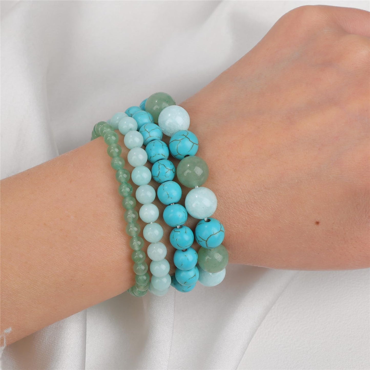 Vinswet 4pcs Beaded Bracelets for Women, Natural Healing Crystal Gemstones Bracelet, Anxiety Stress Relief Bracelet Handmade, 7.48in, Stone, no gemstone, Green Aventurine&Amazonite&Green Turquoise