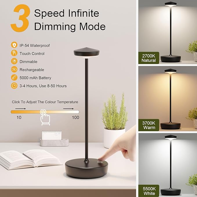 Cordless LED Table Lamp,Rechargeable 5000mAh Battery - Touch Control 3-Level Brightness with Memory Function,Portable IP54 Waterproof Desk lamp for Outdoor, Bars,Restaurants (2P Black)