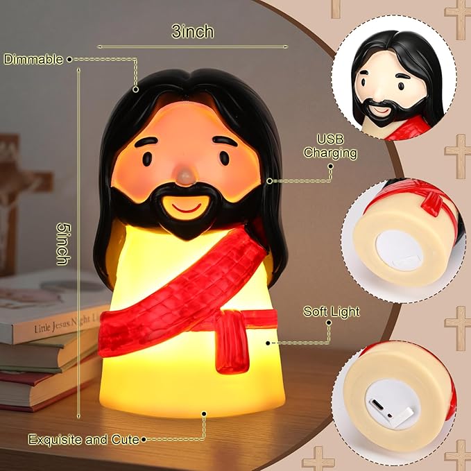 Cute Jesus Night Light, Jesus Gift, Dimmable PVC Christian Lamp, USB Rechargeable Touch Bedside Light, Baptism Favor, Easter & Religious Gifts (3 x 5 Inch)(Red)