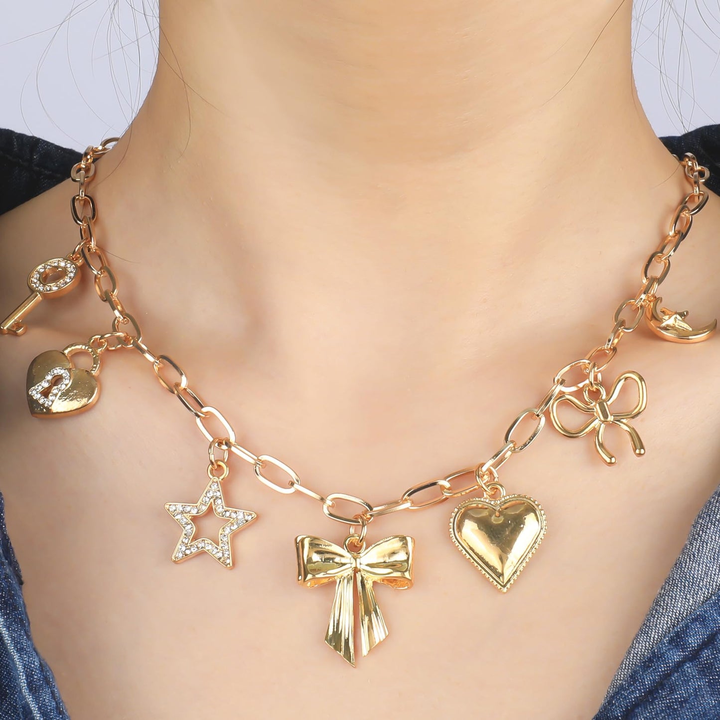 BONJOULRY Charm Necklace for Women Gold Cute Key Lock Bow Ribbon Knot Heart Star Moon Pendant Necklace Dainty Paperclip Chain Charms Choker Necklace Y2K Preppy Christmas Jewelry Bowknot