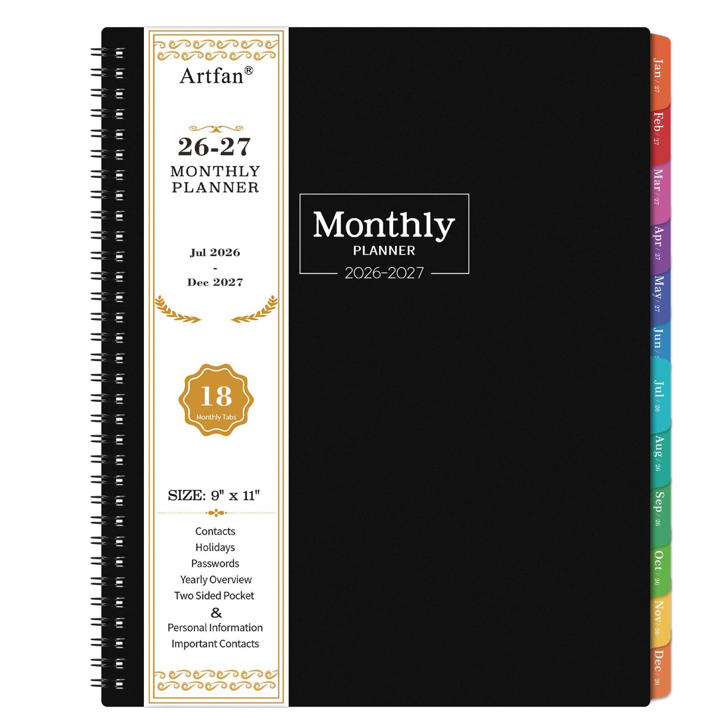 Monthly Planner 2026-2027 - Academic Planner 2026-2027, JUL. 2026 - DEC. 2027, Calendar planner with Colorful Tabs, 8.5" x 11", 26-27 Monthly planner/Calendar with Pocket, Thick Paper, Twin-Wire Binding - Black