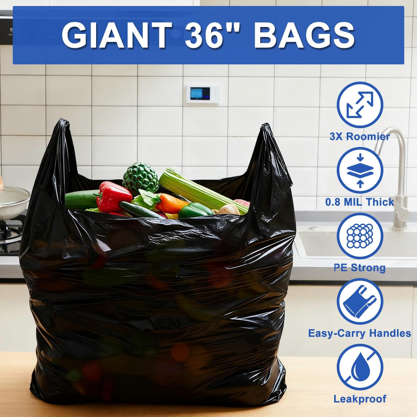 AmazingSpark 100 Pack Extra Large Plastic Shopping Bags with Handles, 36'' x 24'' x 8'', Reusable Heavy Duty T-shirt Bags Bulk with Handles for Grocery Restaurant, Retail, Business(Fits 30 Gallon)