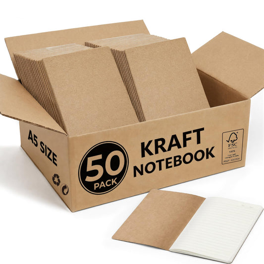 Foliom 50 Pack Kraft Notebooks Bulk A5, 60 Pages Lined Ruled Journals, 8.3x5.5 Inches, Natural Kraft Cover Composition Notebooks for School Office Students Artists