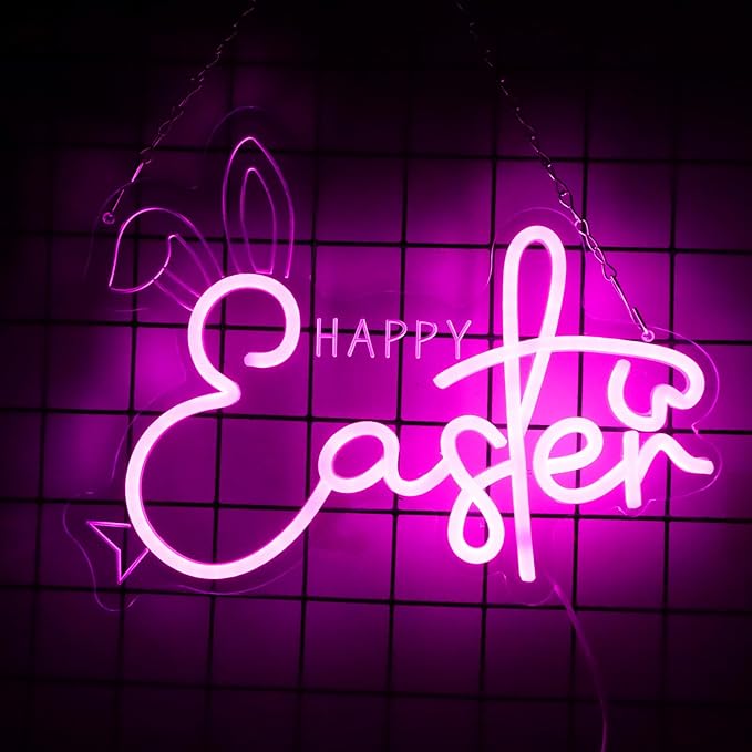Happy Easter Neon Sign Bunny Neon Light Sign Dimmable LED Signs for Wall Light Up Sign Decoration Easter Rabbit Bunny Neon Wall Sign Decor Gift