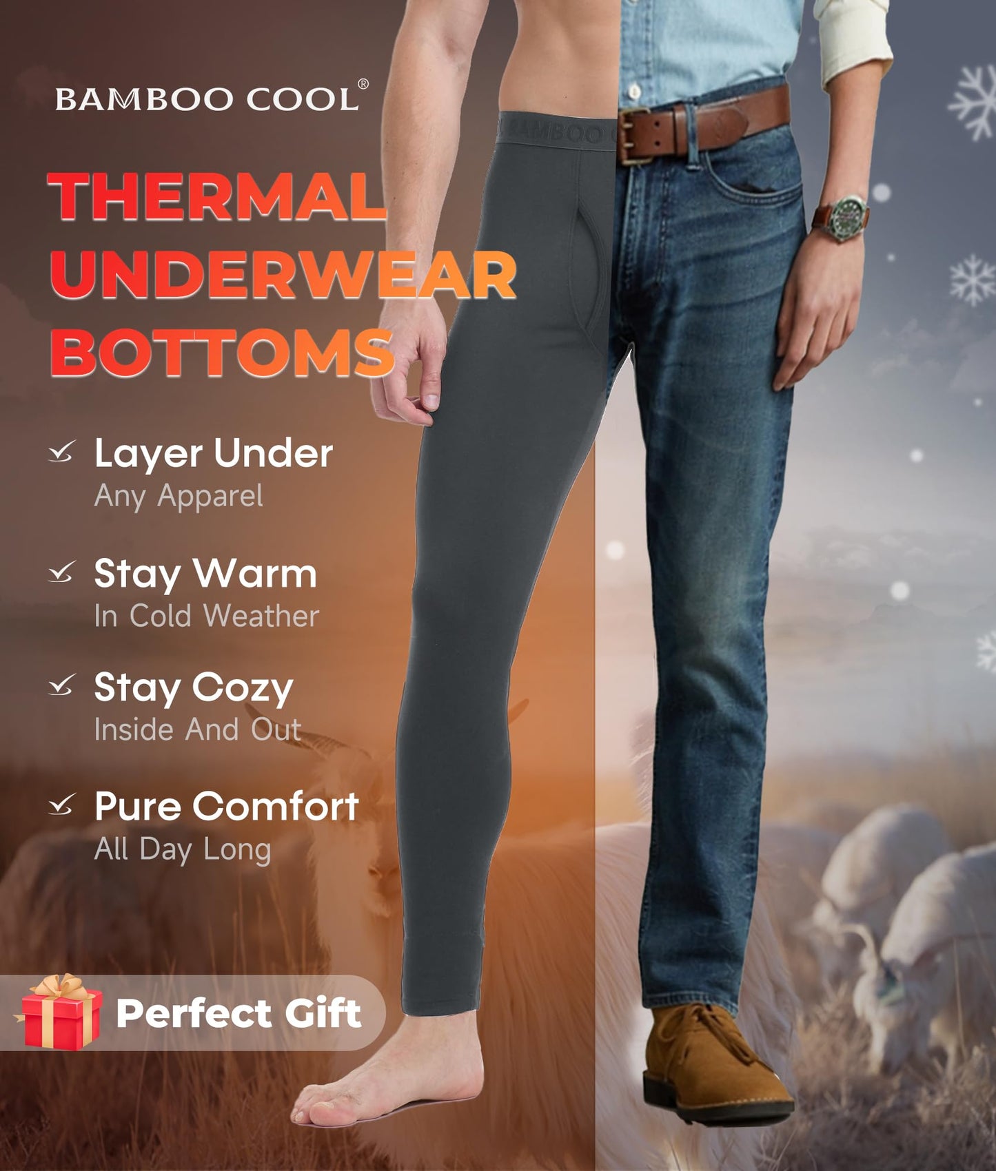 BAMBOO COOL Men's Wool Blend Thermal Pants, 2-Pack Heavyweight Long Johns