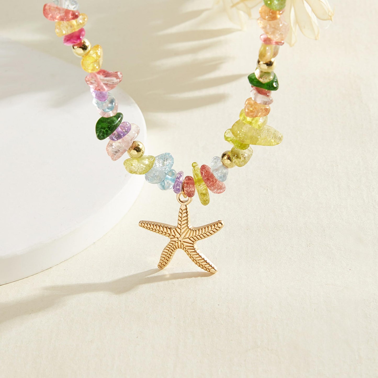 Yepelesi Gold Starfish Necklace Natural Stone Beaded Necklaces for Women Boho Handmade Irregular Stone Bead Necklace Summer Beach Ocean Jewelry Gift (Colorful)