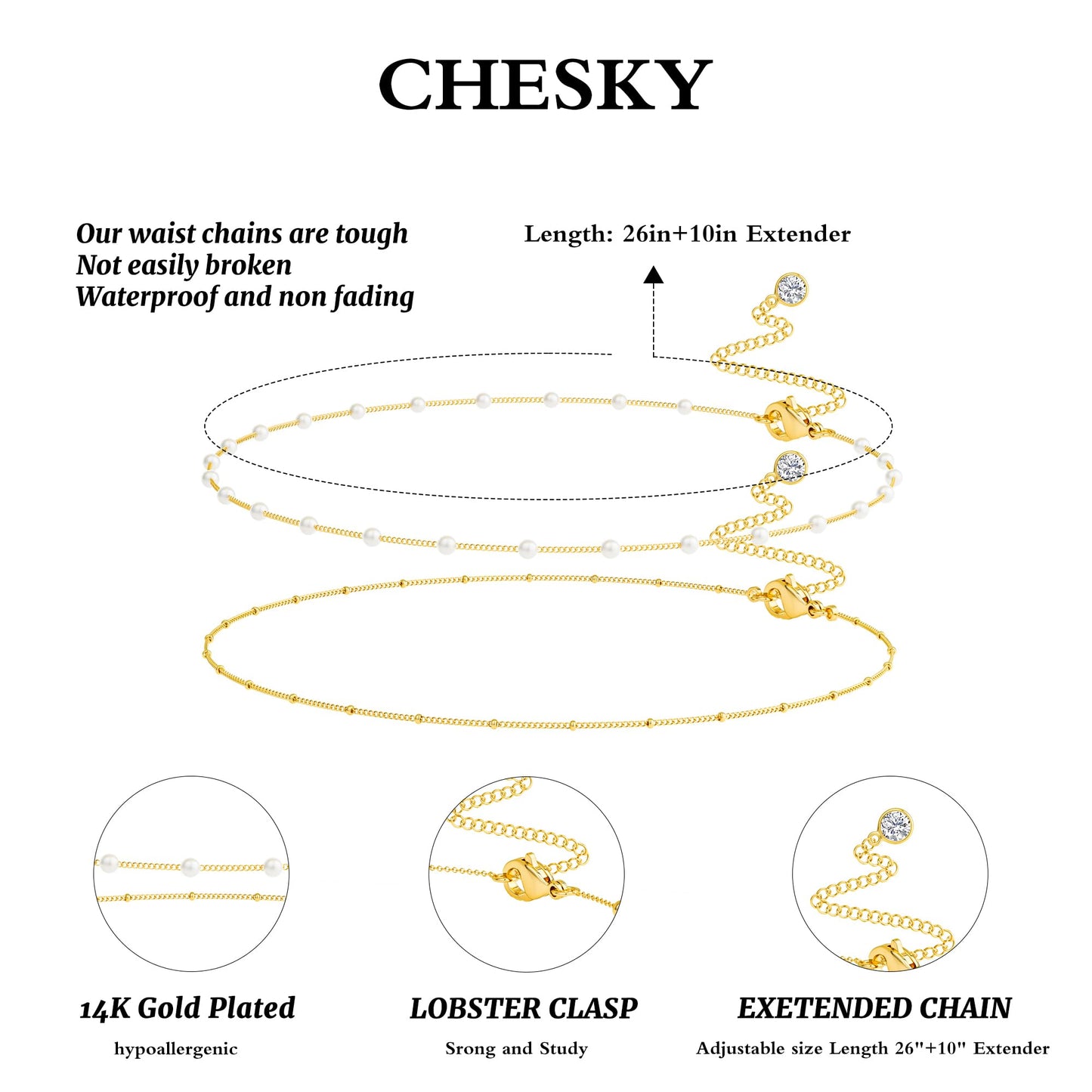 CHESKY Gold Waist Chain for Women Trendy, Dainty 14k Gold Plated Layered Belly Chain Adjustable Waterproof Body Chain Waist Beads for Womens Pearl Beads Chain Dainty Body Chain Jewelry for Women