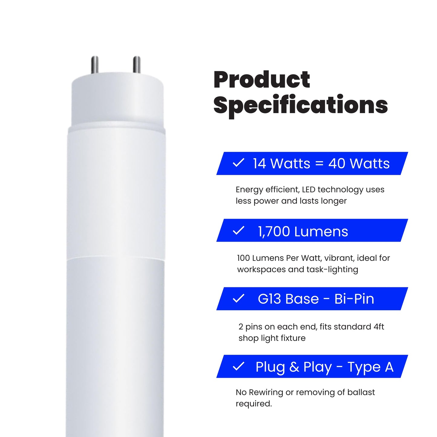 Feit Electric T8 LED Bulbs 4 Foot, 40 Watt Equivalent, Type A Tube Light, Plug & Play, T8 or T12 LED Tube Light, LED Fluorescent Replacement, Frosted, T48/840/LEDG2/4, 4100K Cool White, 4 Pack