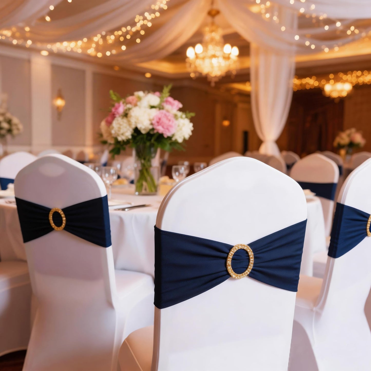 Pack of 50 Spandex Navy Blue Chair Sashes with Gold Buckles, Stretch Chairs Sashes for Wedding Party Baby Shower Ceremony Event Decorations Chair Bands Bows (Navy Blue Sashes, Gold Buckles)