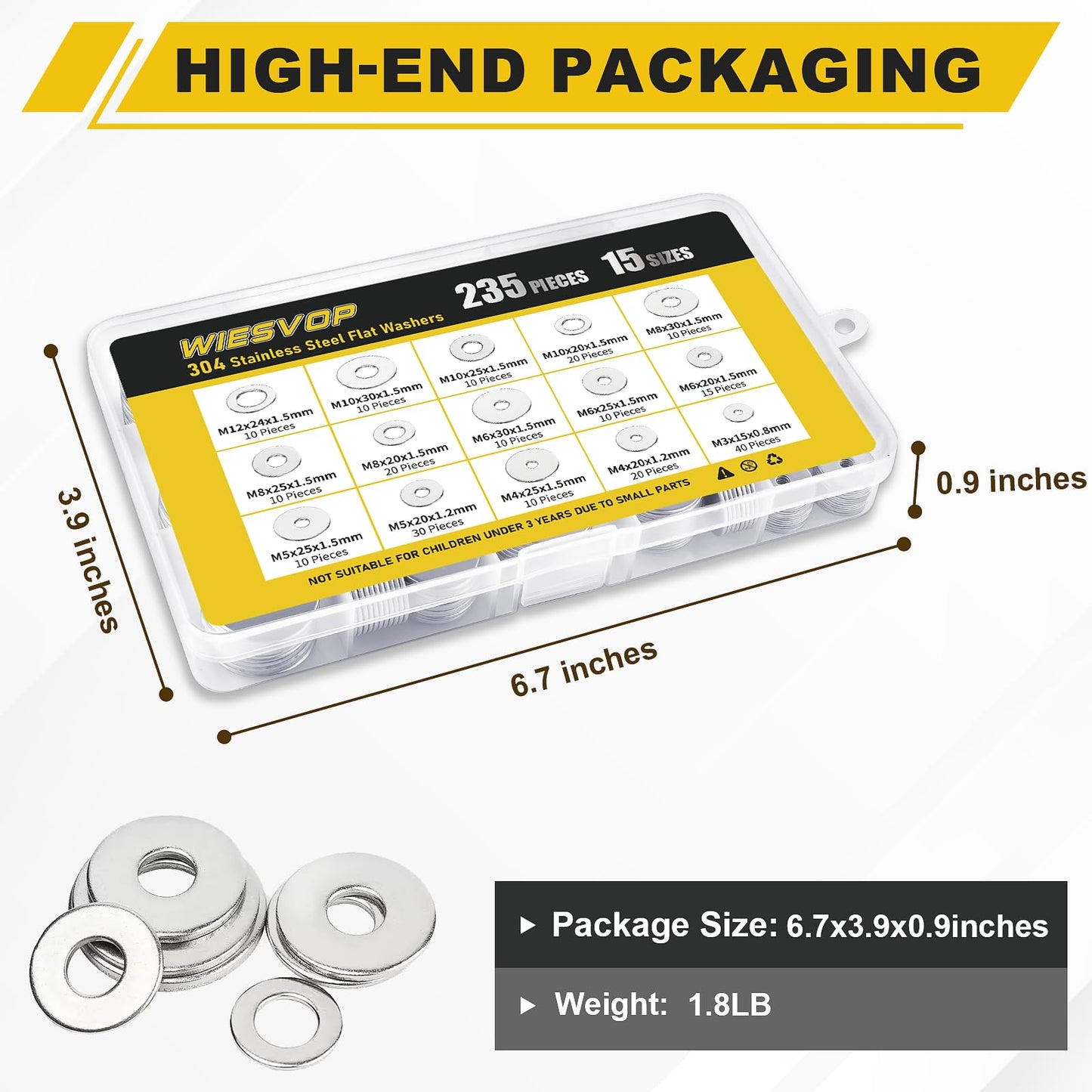 WIESVOP 235Pcs Fender Washers, 304 Stainless Steel Flat Washers Assortment Kit, 15 Different Sizes M3 M4 M5 M6 M8 M10 M12 Metal Washers for Screws Bolts Hardware for Various Home Industrial Automotive
