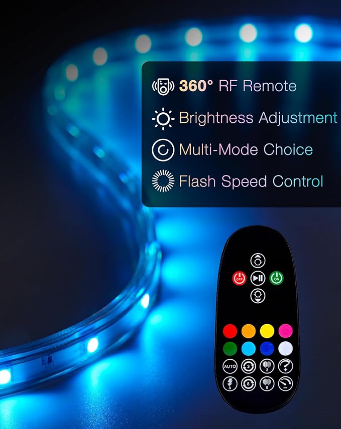Shine Decor 120V RGB LED Strip Light Remote Control, Cold Resistant IP65 Waterproof Outdoor Strip Lighting Color Changing, Connectable Lite Multicolor Lighting Strip 7x13mm, 50 FT 450 LEDs ETL Listed