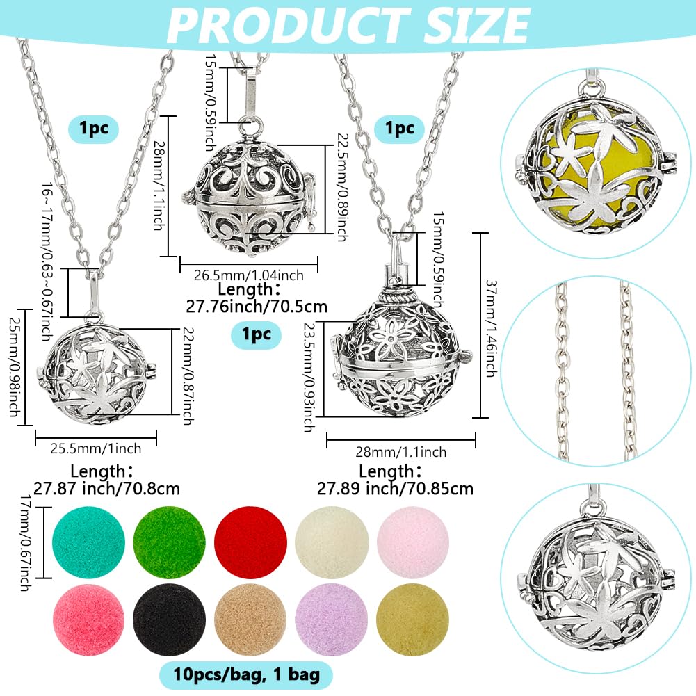 PH PandaHall 3pcs Essential Oil Diffuser Necklace, Aromatherapy Locket Pendant Scent Necklace with 10pcs Color Cotton Balls Platinum Flower Pendant Necklaces Chain for Men Women Jewelry Birthday Gifts
