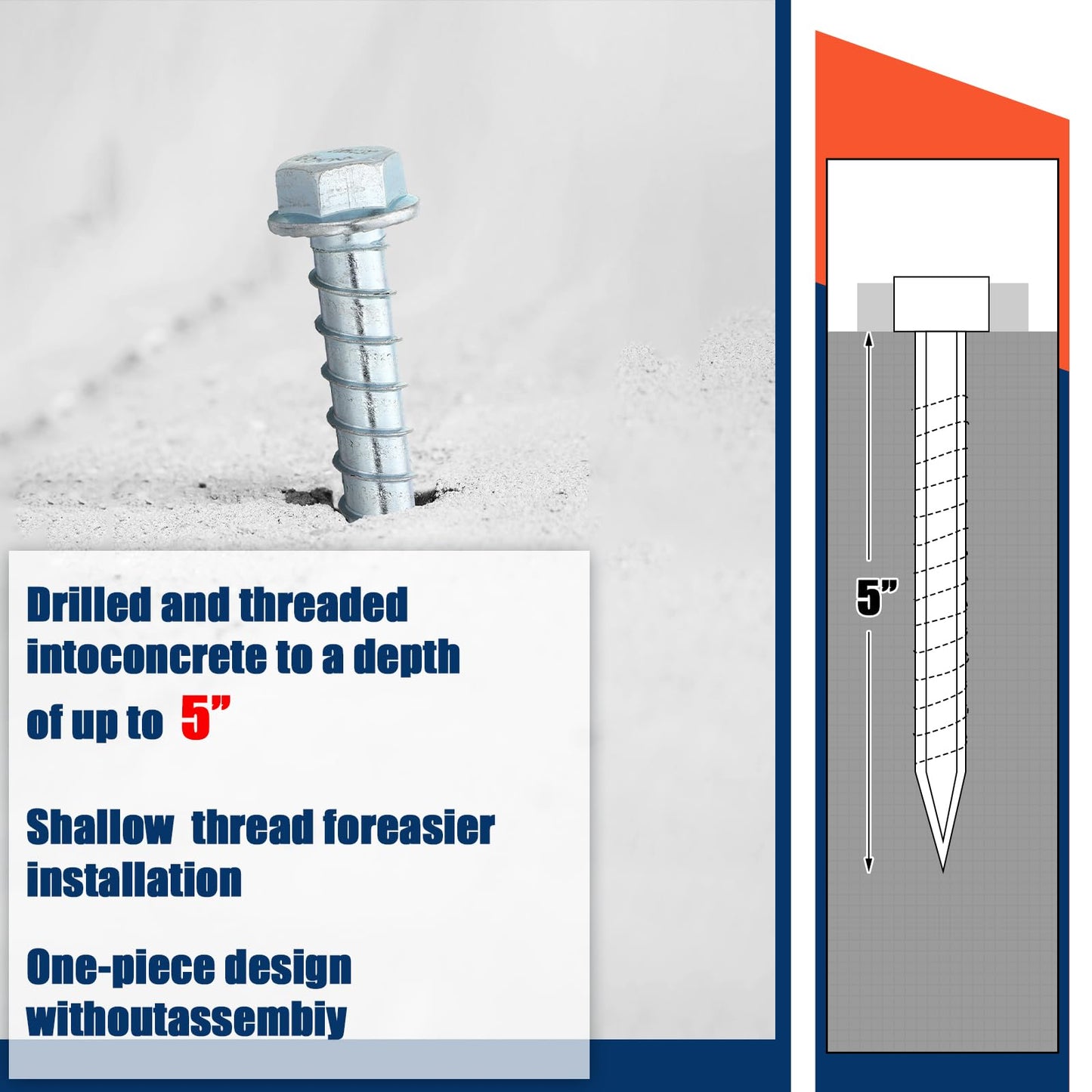 Tandefio 40 Pack 5/8" x 5" Concrete Screw Anchors Galvanized Large Diameter Heavy Duty Plated Concrete Anchors for Masonry Brick Anchoring Block Decking Framing Hex Drive