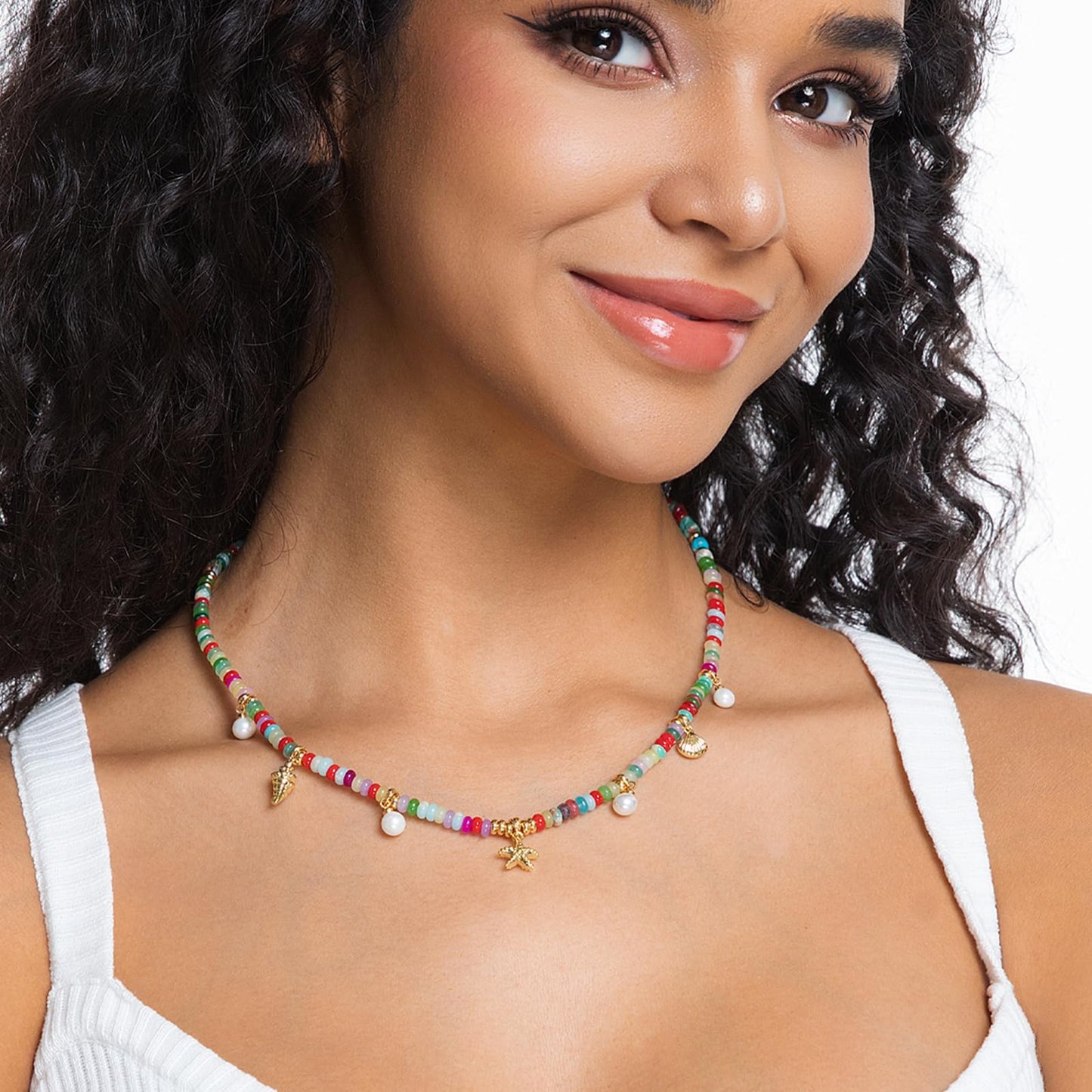 Charm Necklace for Women Colorful Beaded Gemstone Choker 14K Gold Beach Seashell Pearl Pendant Necklace Natural Stone Handmade Jewelry Gift