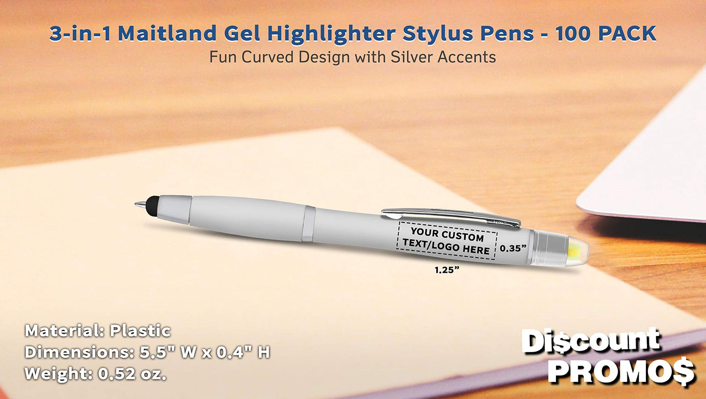 DISCOUNT PROMOS Personalized Smooth Writing Maitland Gel Highlighter Stylus Pens - 100 pack - Highlighters - Customizable Text, Logo - Silver