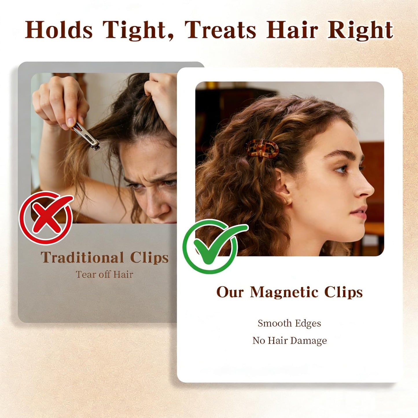 2Pcs Magnetic Hair Clips for Women, Strong Hold No-Slip Styling Clips, Seamless 2-in-1 Design for Thick/Thin Hair, Non-Dent Quick Snap Hairdressing Tools for Salon or Daily Use