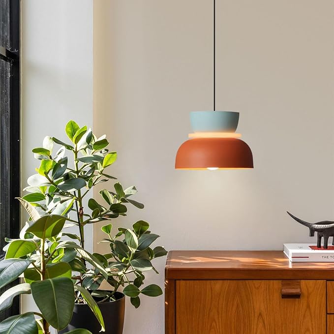 Mid Century Modern Ceiling Pendant Light, Orange Navy 2 Colors Barn Macaron Shade, Aluminum Nordic Modern Pendant Light Fixture, Colorful Chandelier Pendant Lights for Kids Room