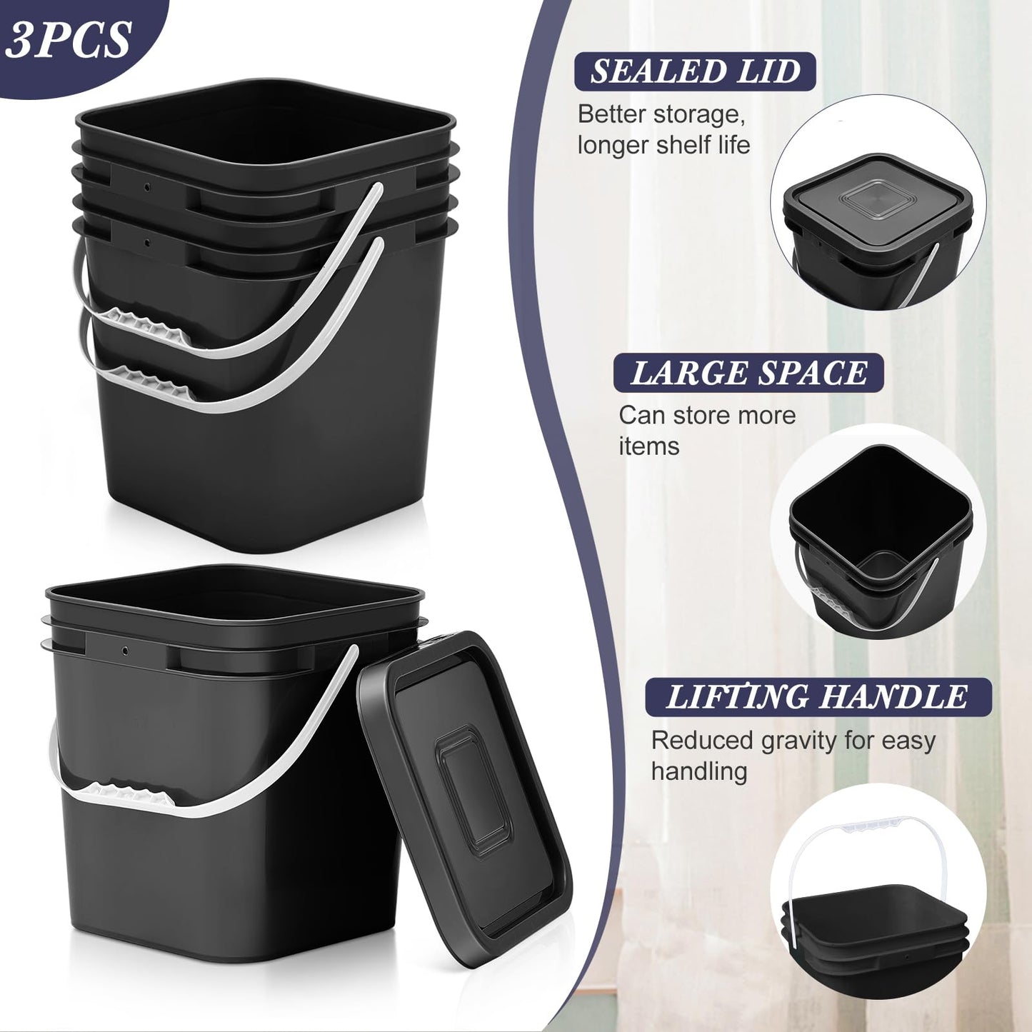 Mumufy 3 Pcs 3.5 Gallon Square Food Grade Bucket with Lid Square Bucket Pail Plastic Handles for Long Term Food Storage, Camping, Fishing, Home Organization Easy Stack and Store (Black)